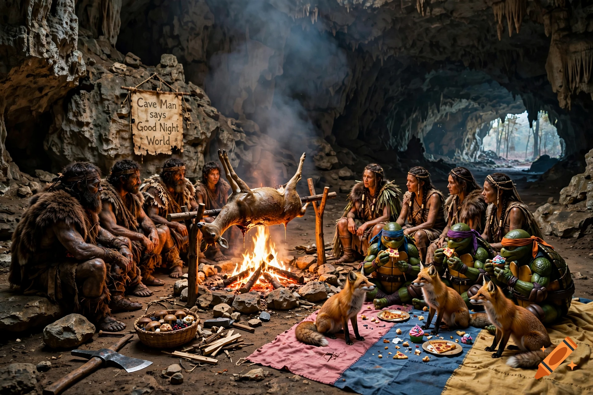 Photorealistic scene inside a large cave featuring cavemen, cavewomen, three foxes, and three ninja turtles eating pizza and cupcakes around a campfire with a roasting deer.