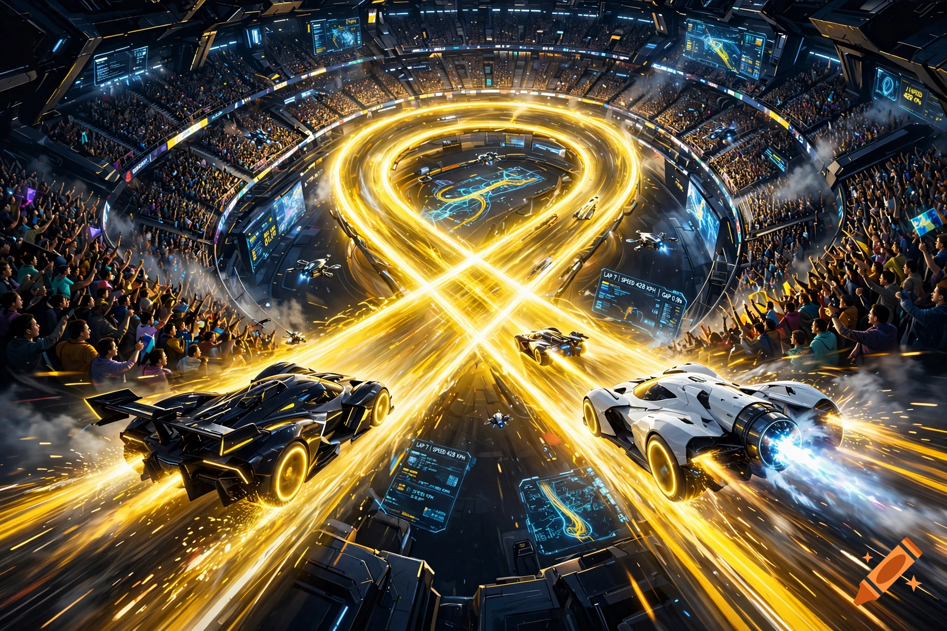 High-tech futuristic race with glowing yellow energy tracks inside a massive stadium filled with cheering crowds.