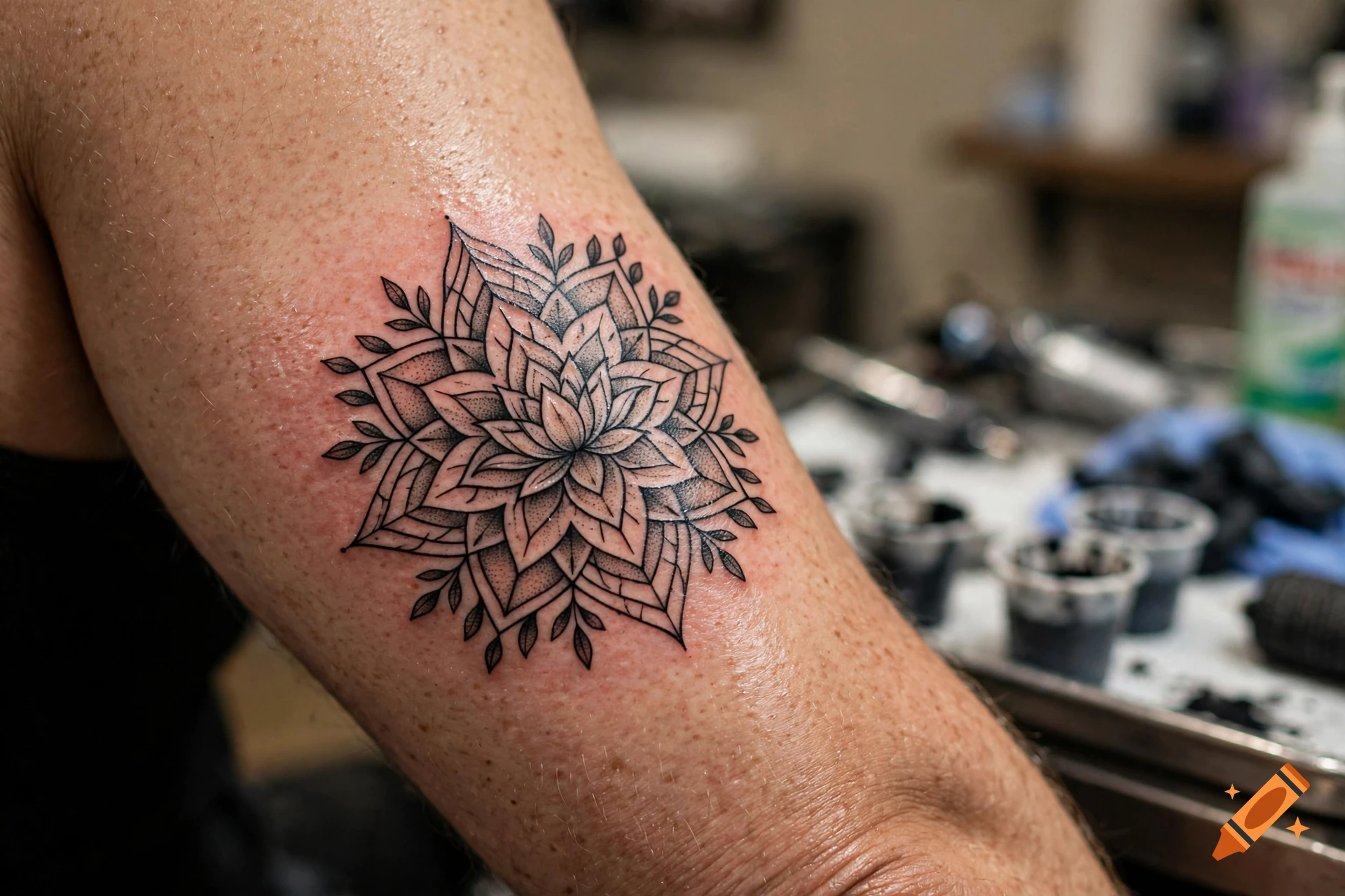 Close-up of a fresh black ink mandala tattoo on a person's upper arm.