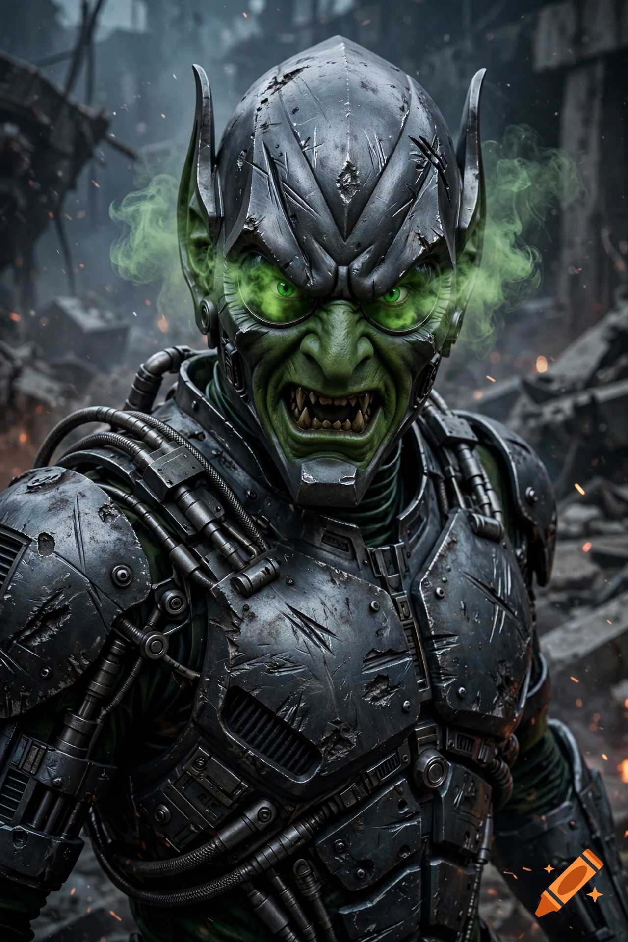 Cinematic photo of the Green Goblin in dark gray vibranium armor with glowing green eyes and green smoke, realistic and dark style.