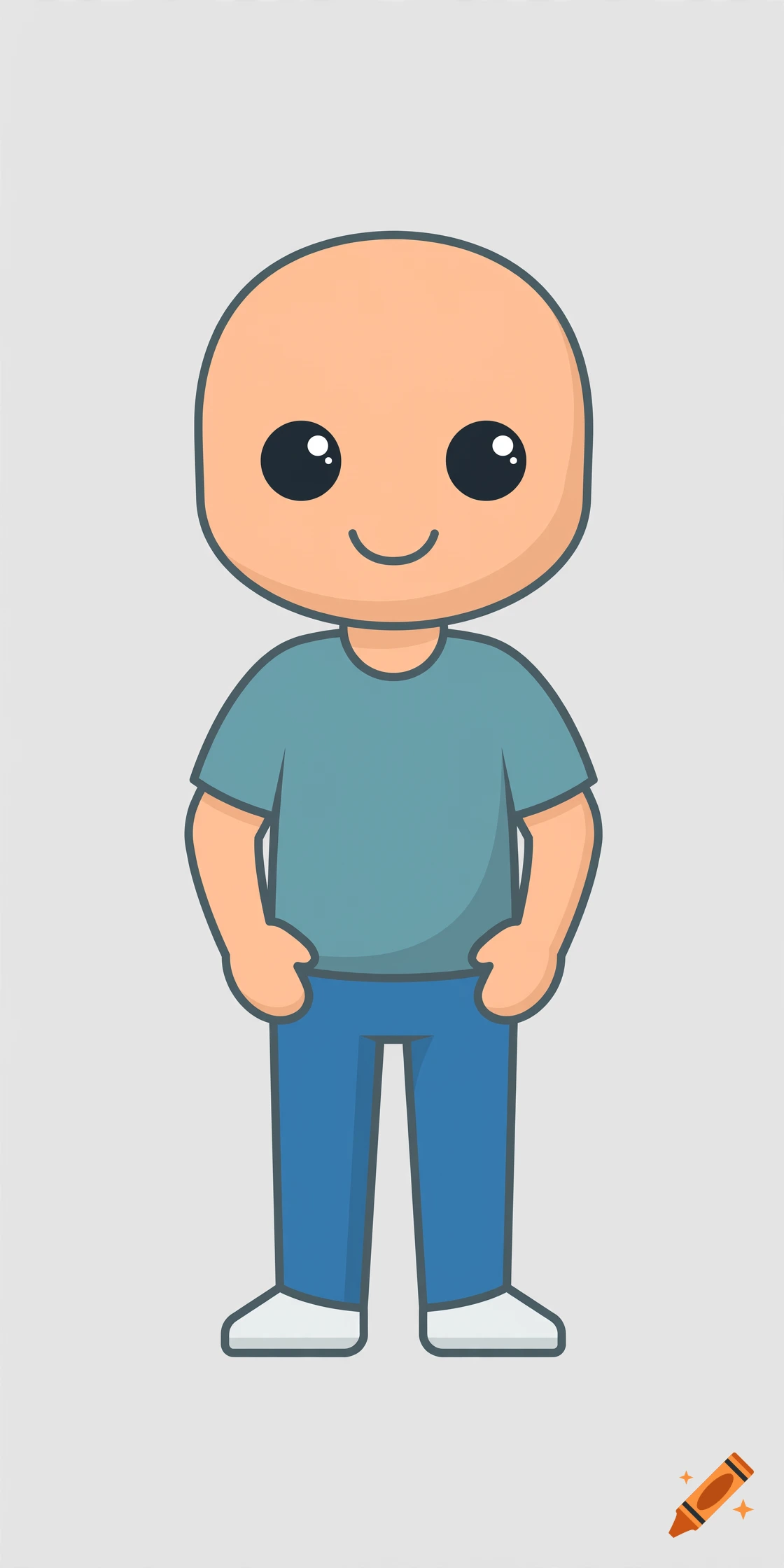 Minimalist cartoon mascot with peach skin, blue t-shirt, and jeans in a vector art style.