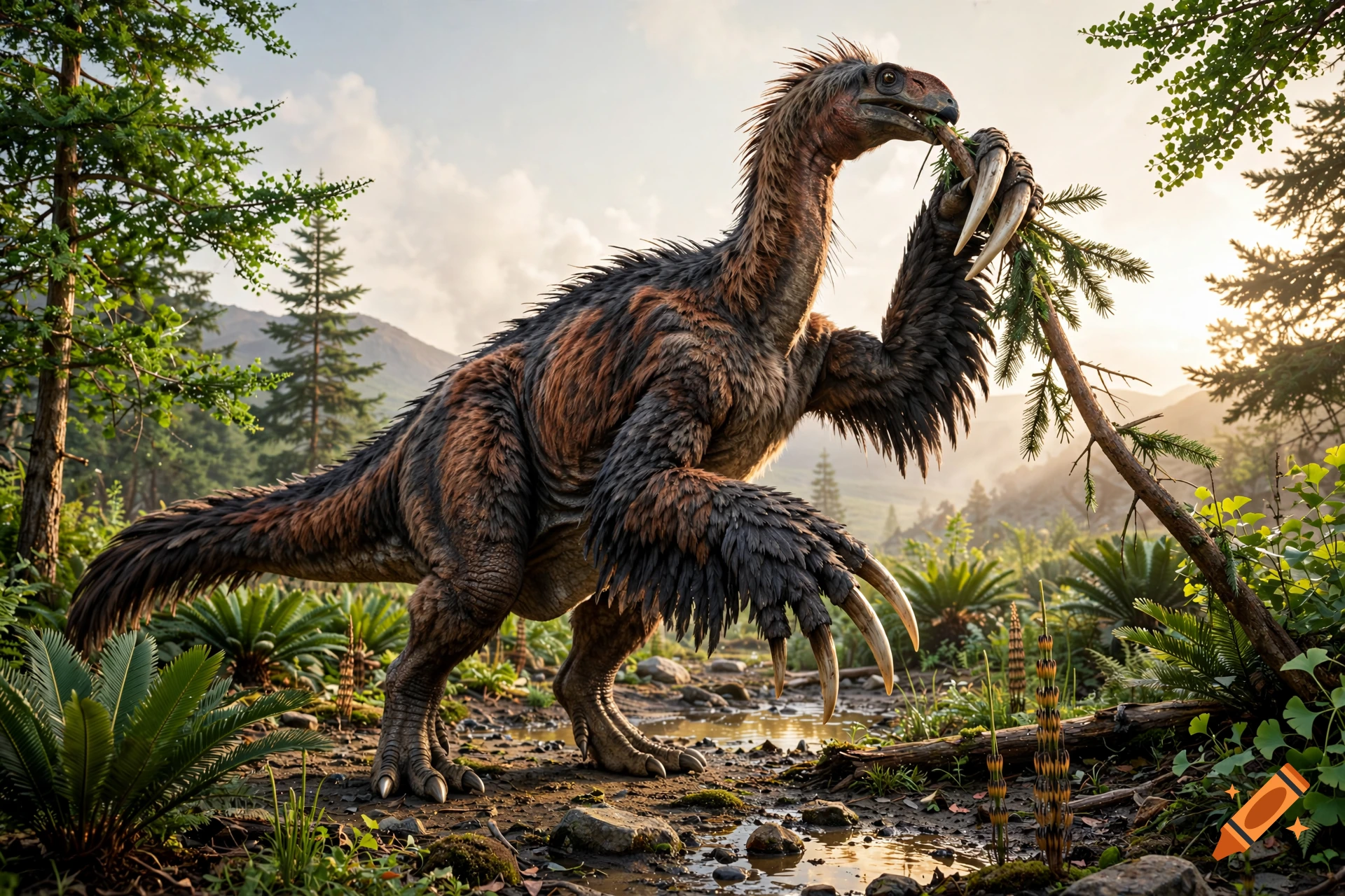 Photorealistic image of a feathered Therizinosaurus dinosaur eating branches in a prehistoric forest.