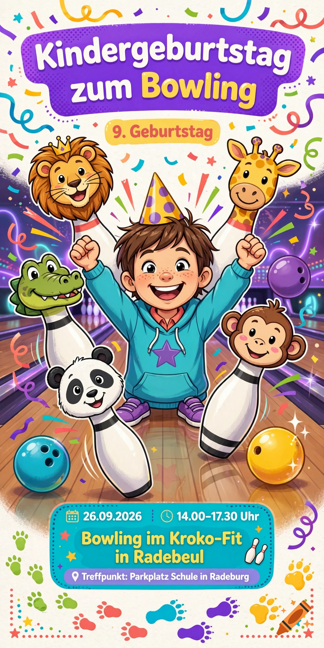 Colorful cartoon invitation card for a 9th children's birthday bowling party with animal-headed bowling pins.