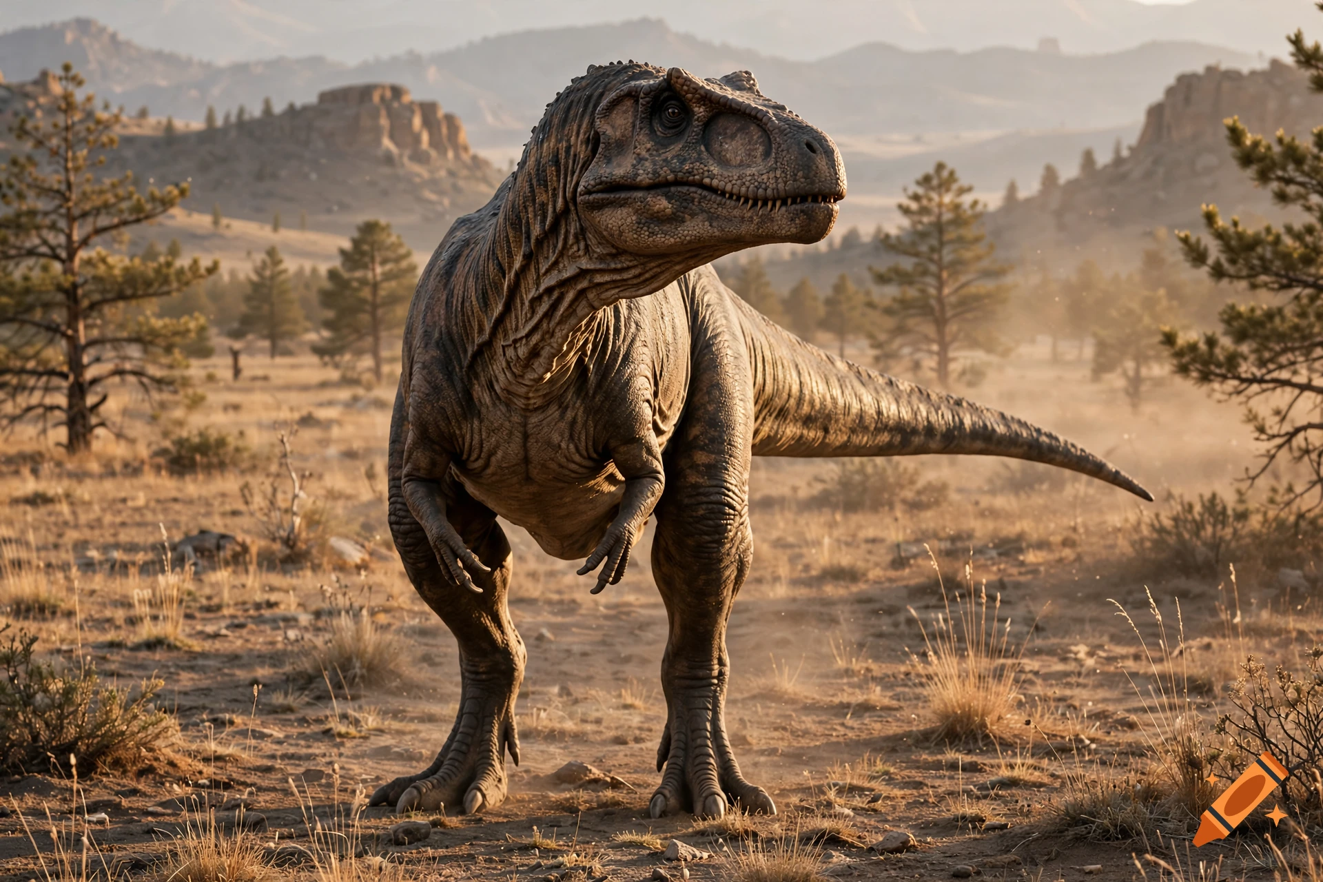 A large theropod dinosaur standing in a dusty, arid landscape with sparse trees and mountains in the background.