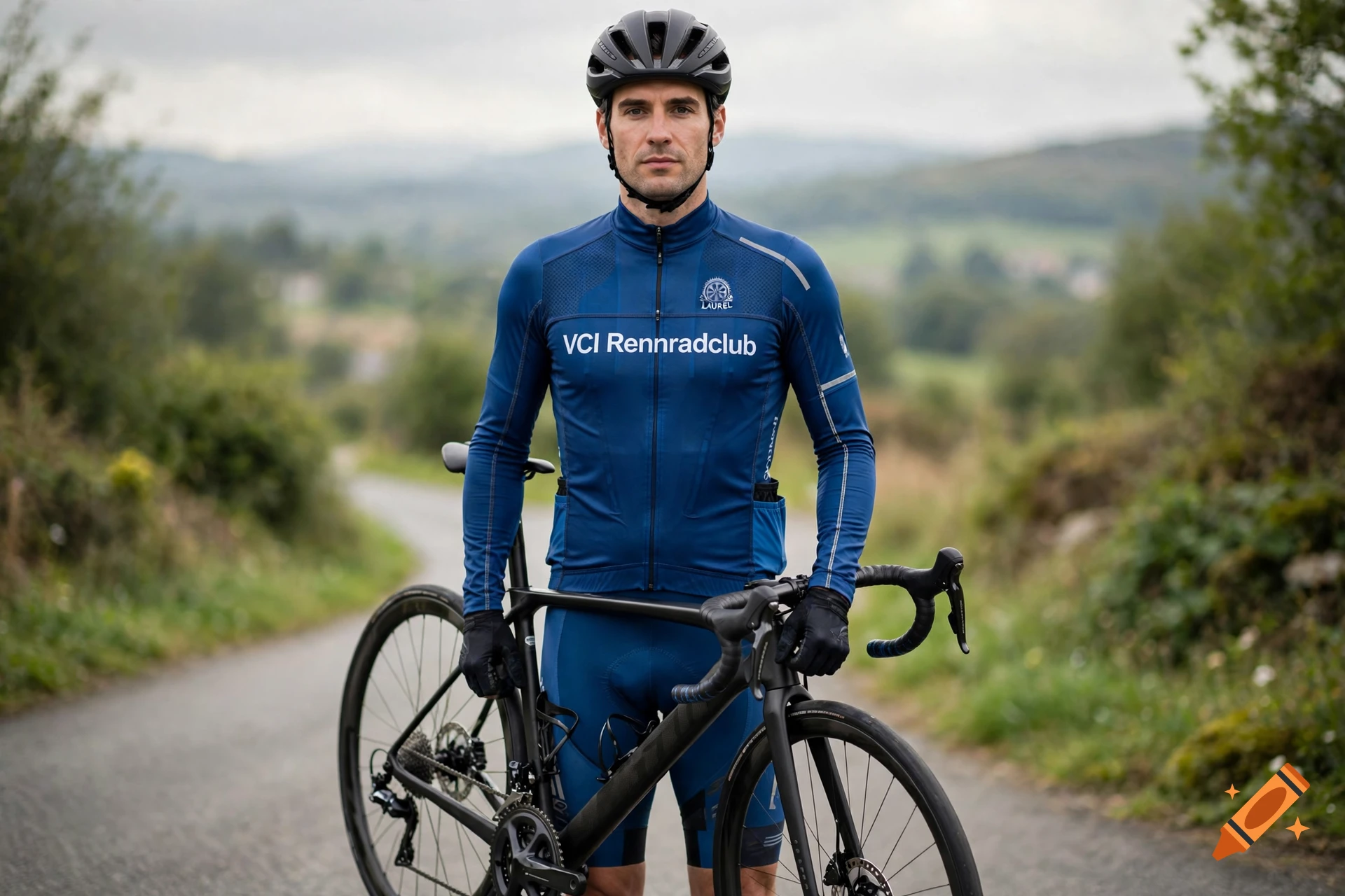 Photorealistic portrait of a cyclist in a blue jersey holding a bicycle on a country road.
