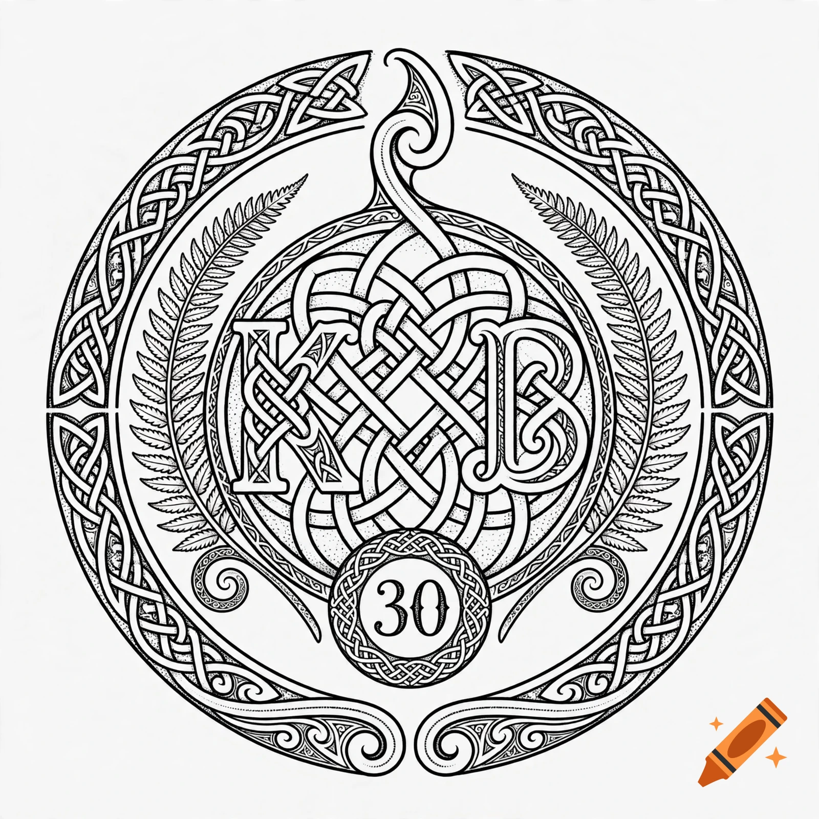 Black and white circular tattoo design featuring Celtic knots, fern fronds, the letters K and B, and the number 30.