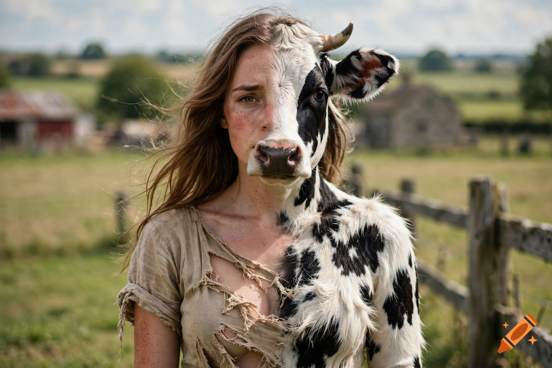 Photorealistic portrait of a young woman with the right half of her face and body transformed into a Holstein cow, standing in a rural field.