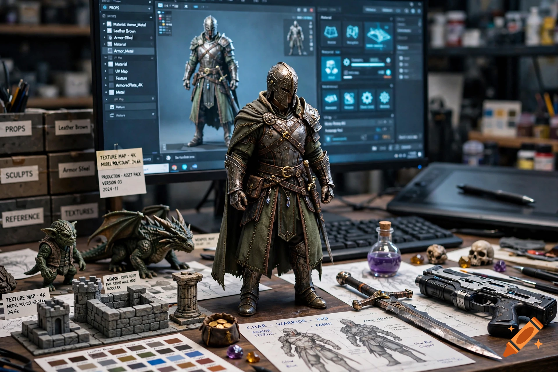 A detailed 3D warrior figurine and various game design assets on a cluttered desk with a monitor displaying 3D modeling software.