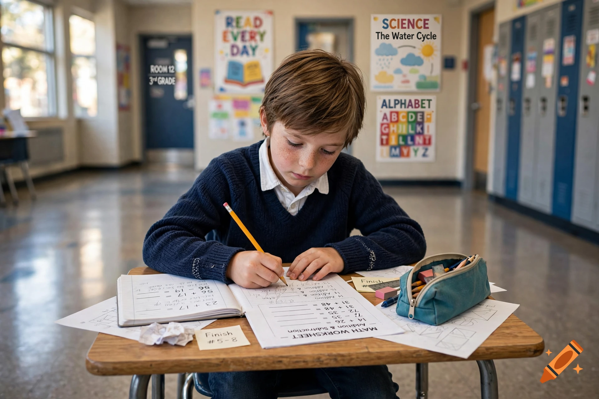 Photorealistic image of a young boy sitting at a school desk, focused on writing in a math worksheet.