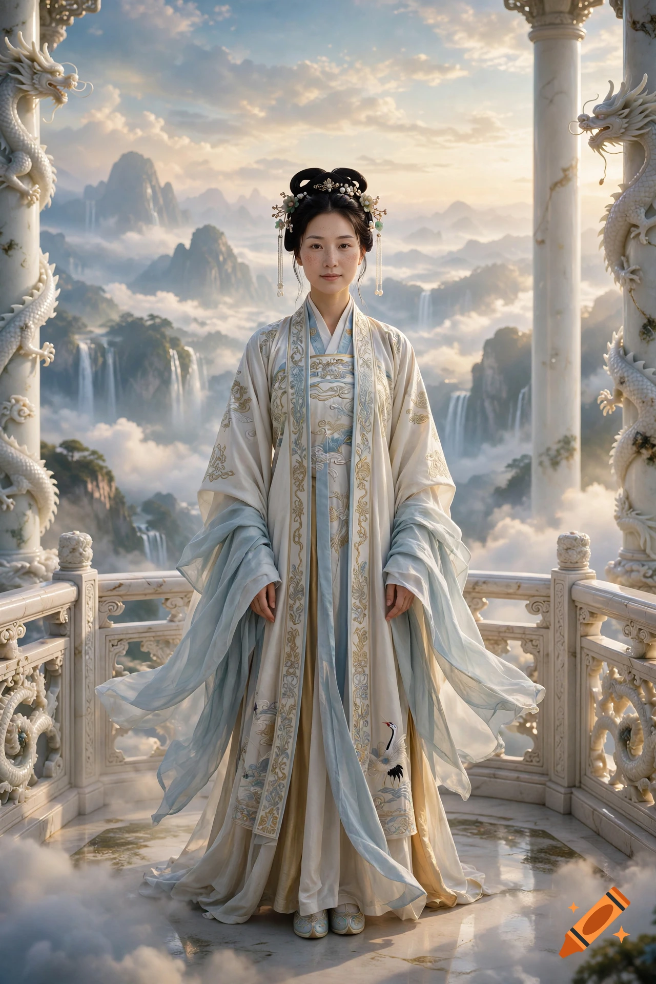 A Chinese woman in a traditional hanfu stands on a celestial balcony with white jade dragon pillars amid a dreamy mountain landscape.