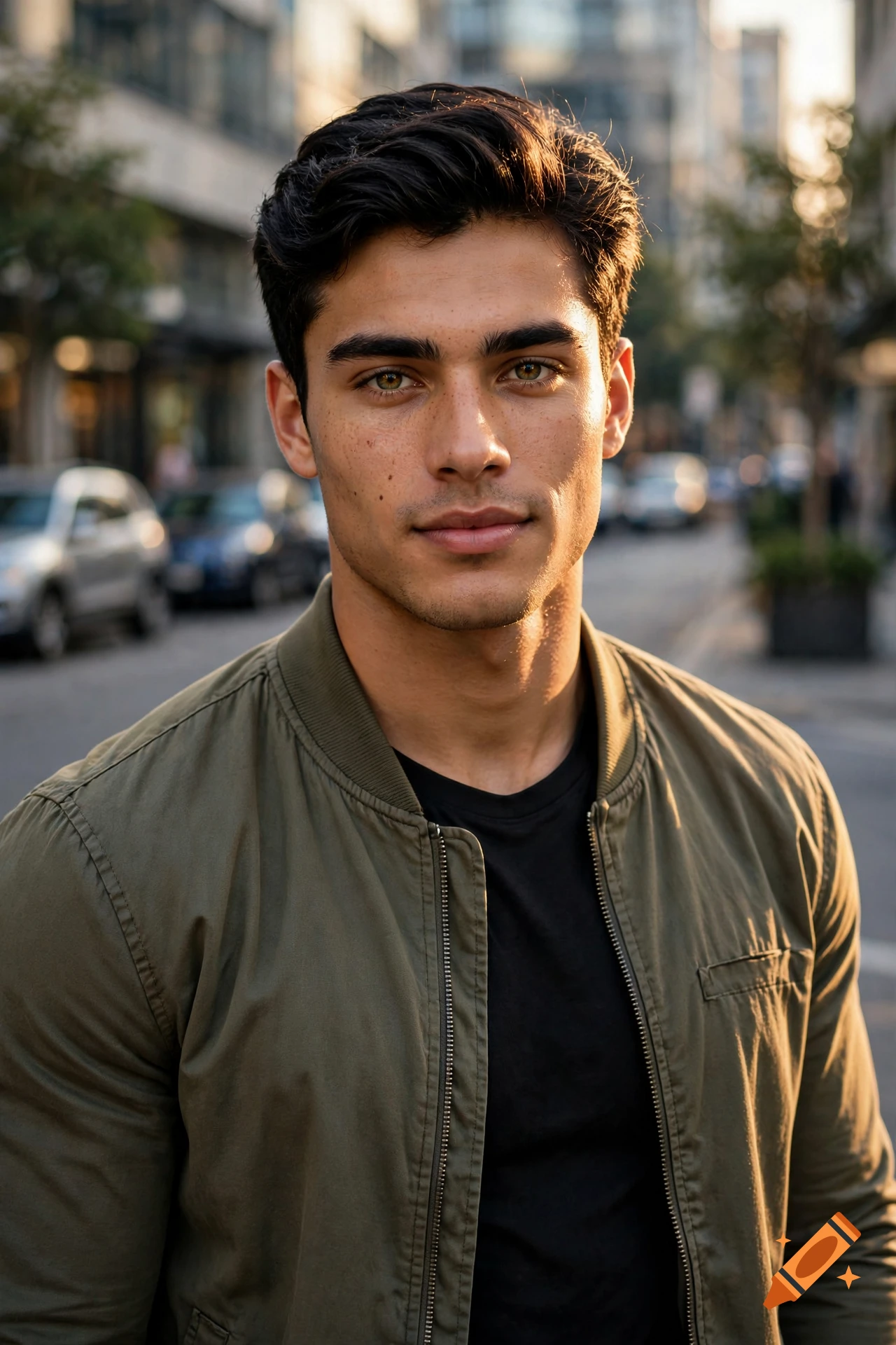 Photorealistic close-up portrait of a young man with dark hair, freckles, and a green jacket in an urban setting.