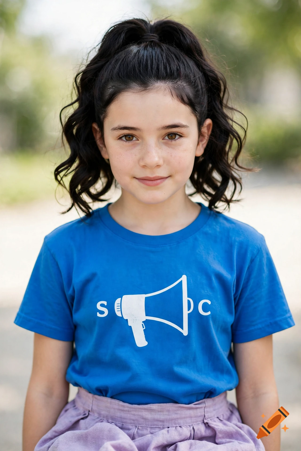 Photorealistic portrait of a young girl with dark hair in a ponytail, brown eyes, wearing a blue t-shirt with a megaphone graphic and letters S and C.
