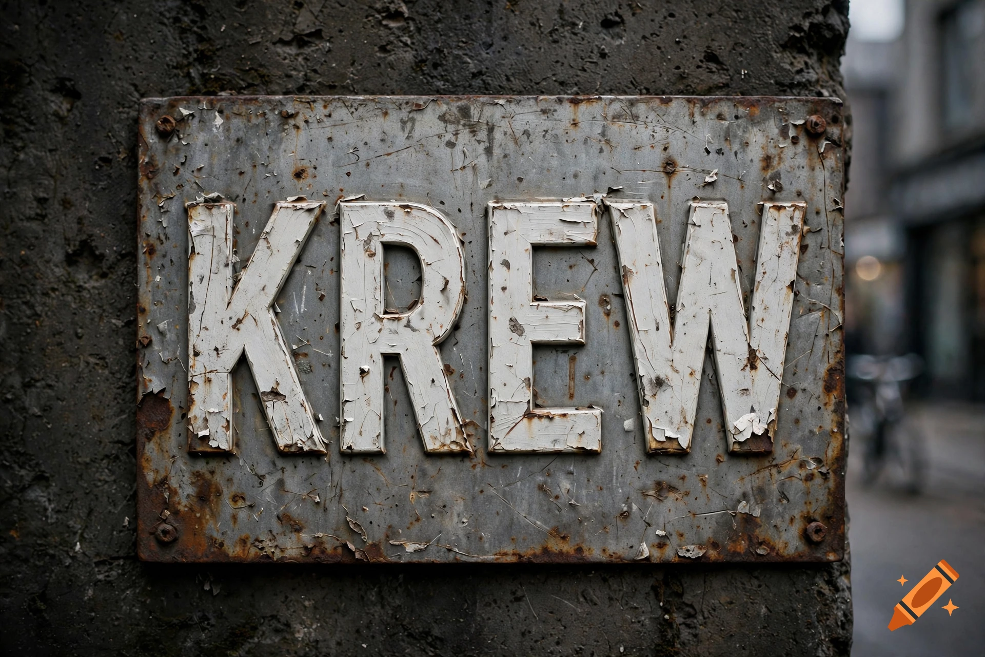 Close-up of a weathered, rusted metal sign with the word KREW in raised white block letters, mounted on a concrete wall.