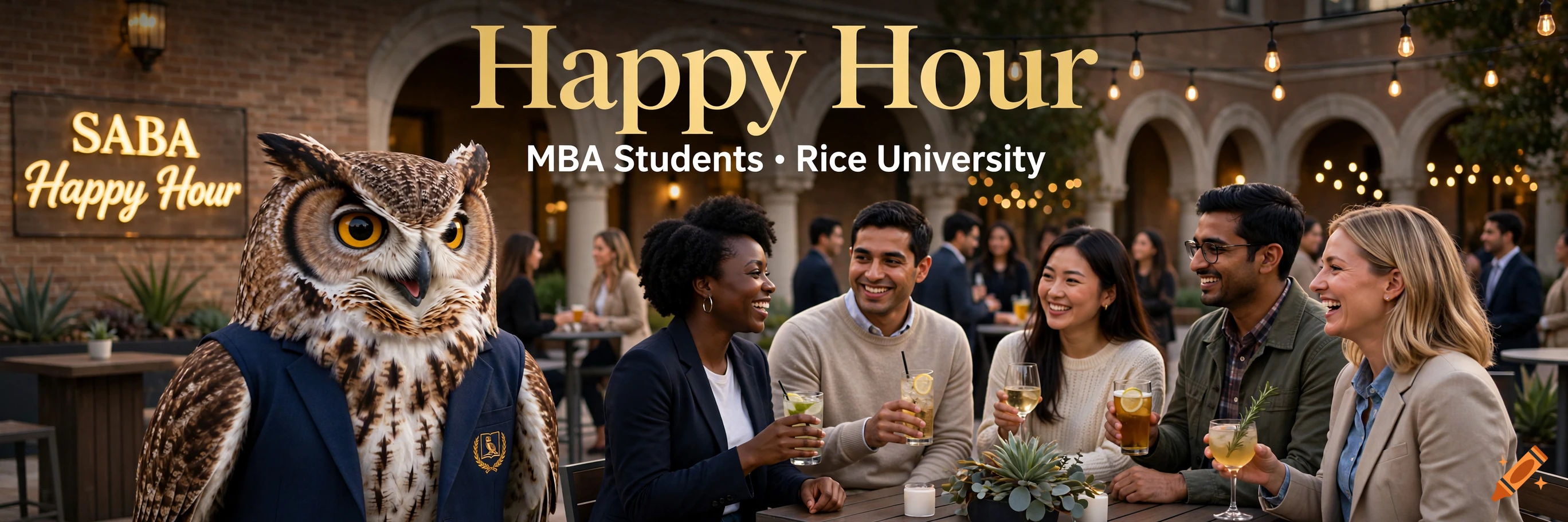 Photorealistic banner for a happy hour event with Rice University MBA students, featuring an anthropomorphic owl and a group of students smiling and drinking at an outdoor table.