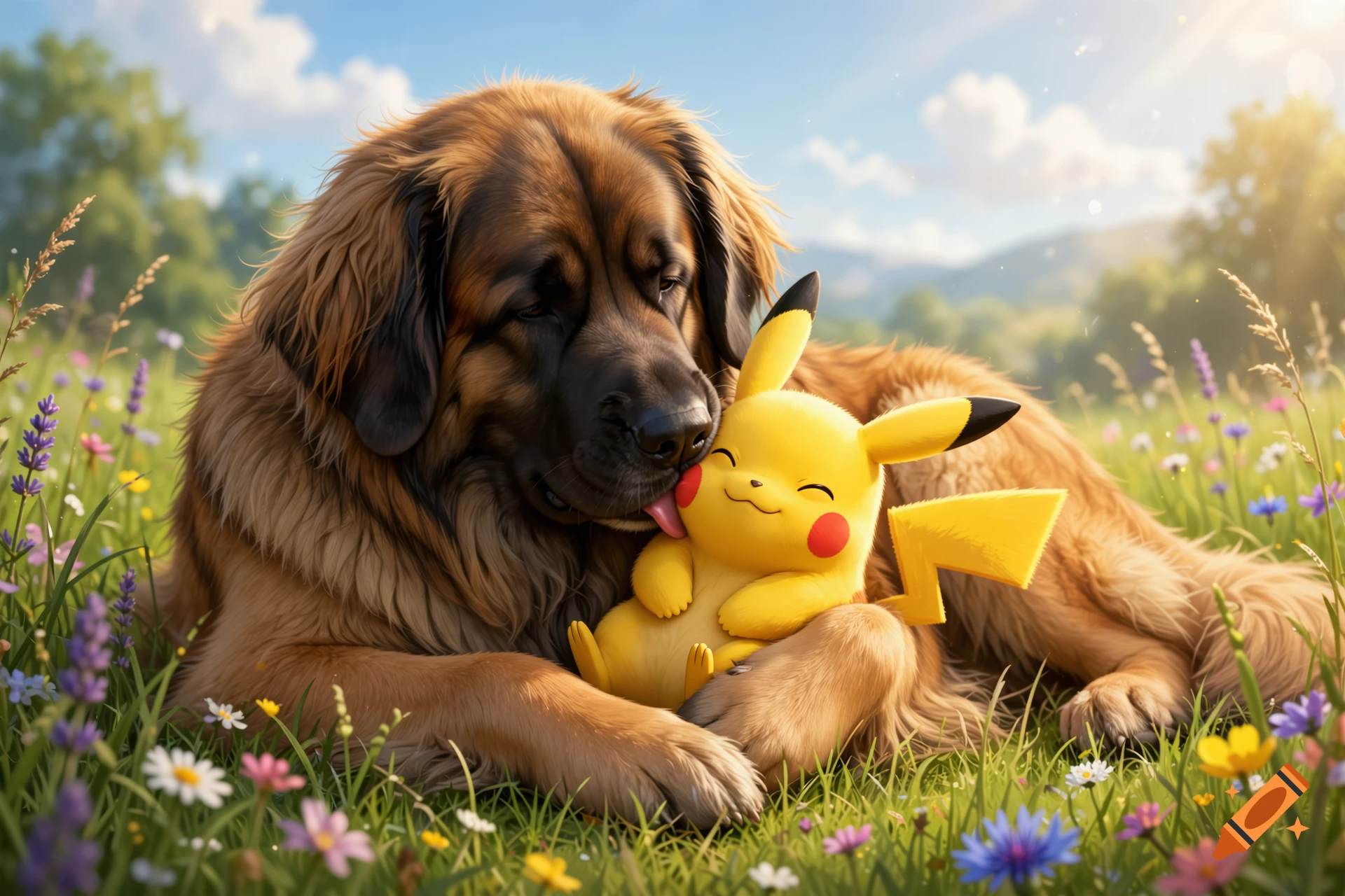 A large Leonberger dog gently licking a yellow Pikachu plush toy in a grassy field filled with wildflowers under a blue sky, digital art.