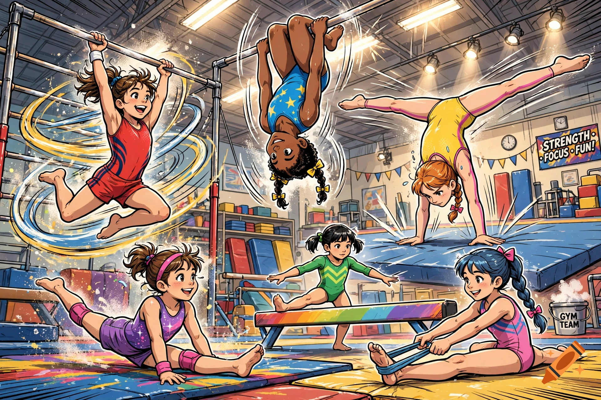 Comic illustration of young gymnasts performing various exercises and stunts in a gymnasium.