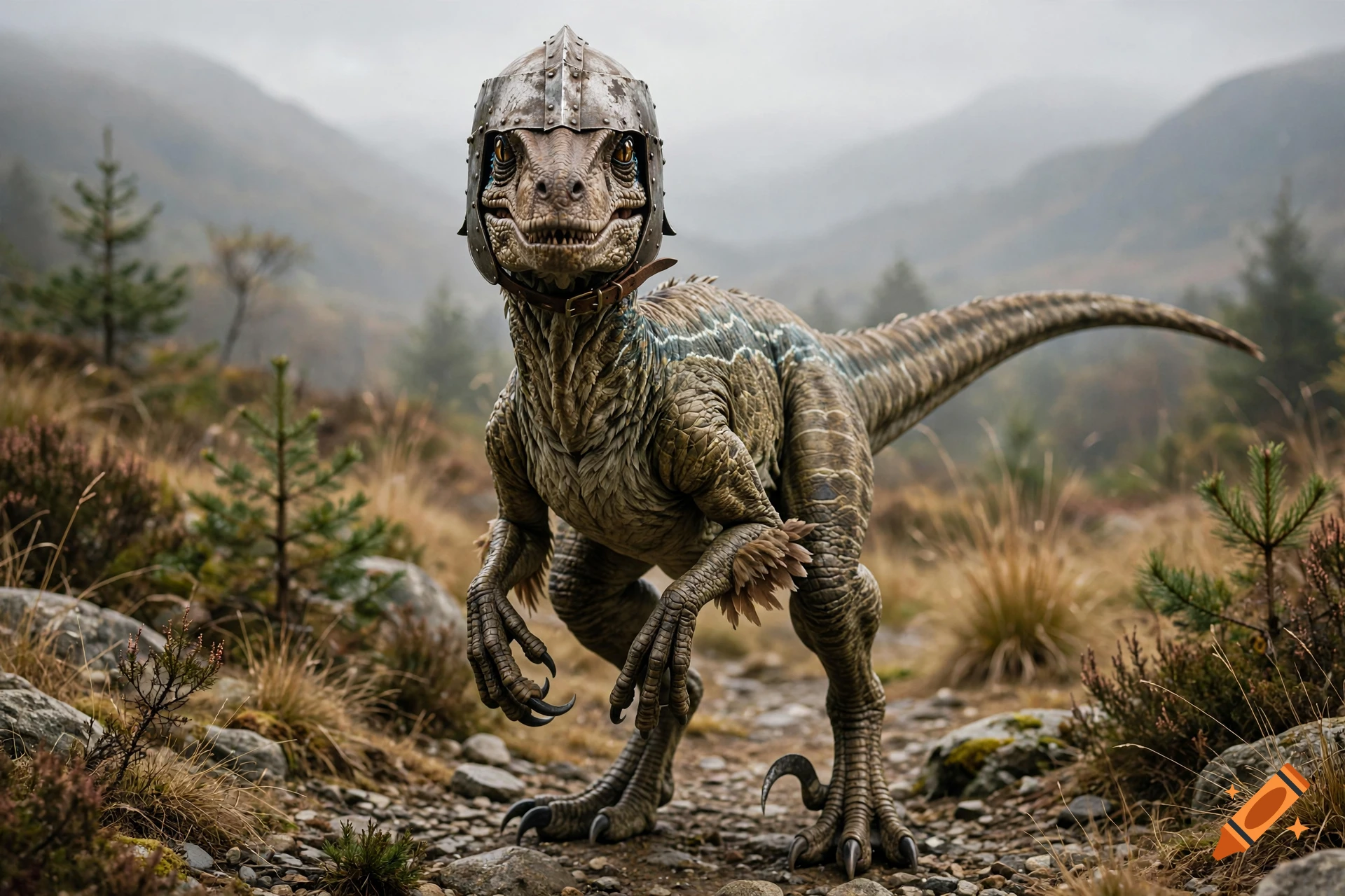 Photorealistic image of a velociraptor wearing a metal knight helmet, standing on a rocky path in a misty mountain landscape.