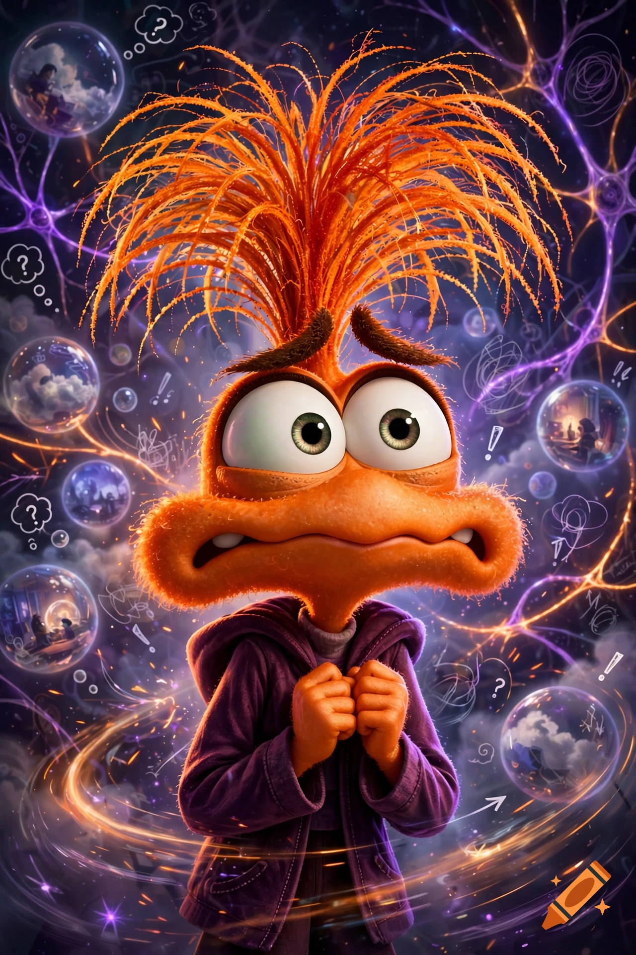 An anxious orange fictional character with spiky hair and wide eyes stands against a glowing abstract background with floating bubbles.