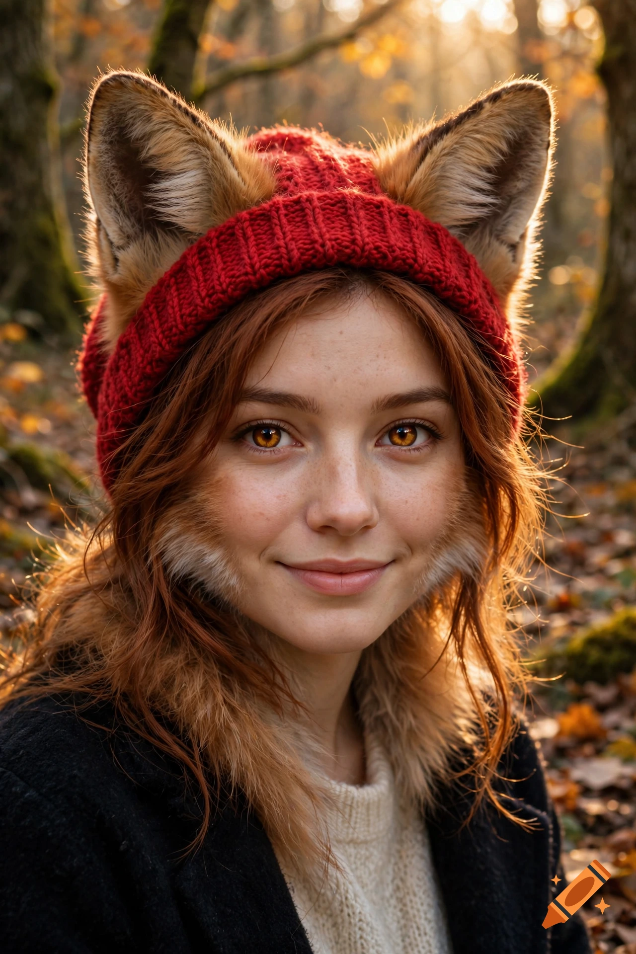 Close-up photorealistic portrait of a cute fox girl with red hair, amber eyes, and a red knitted winter hat in a sunny forest.