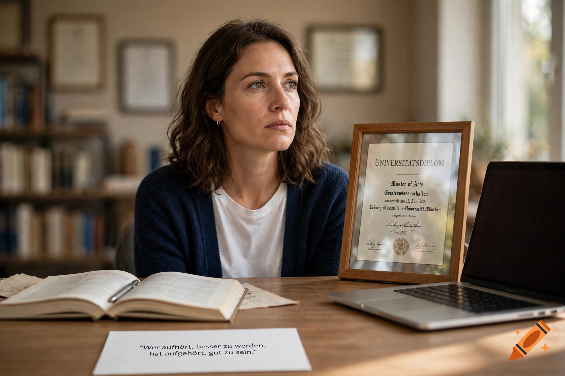 Photorealistic portrait of a woman sitting at a desk with an academic diploma, laptop, and open book.
