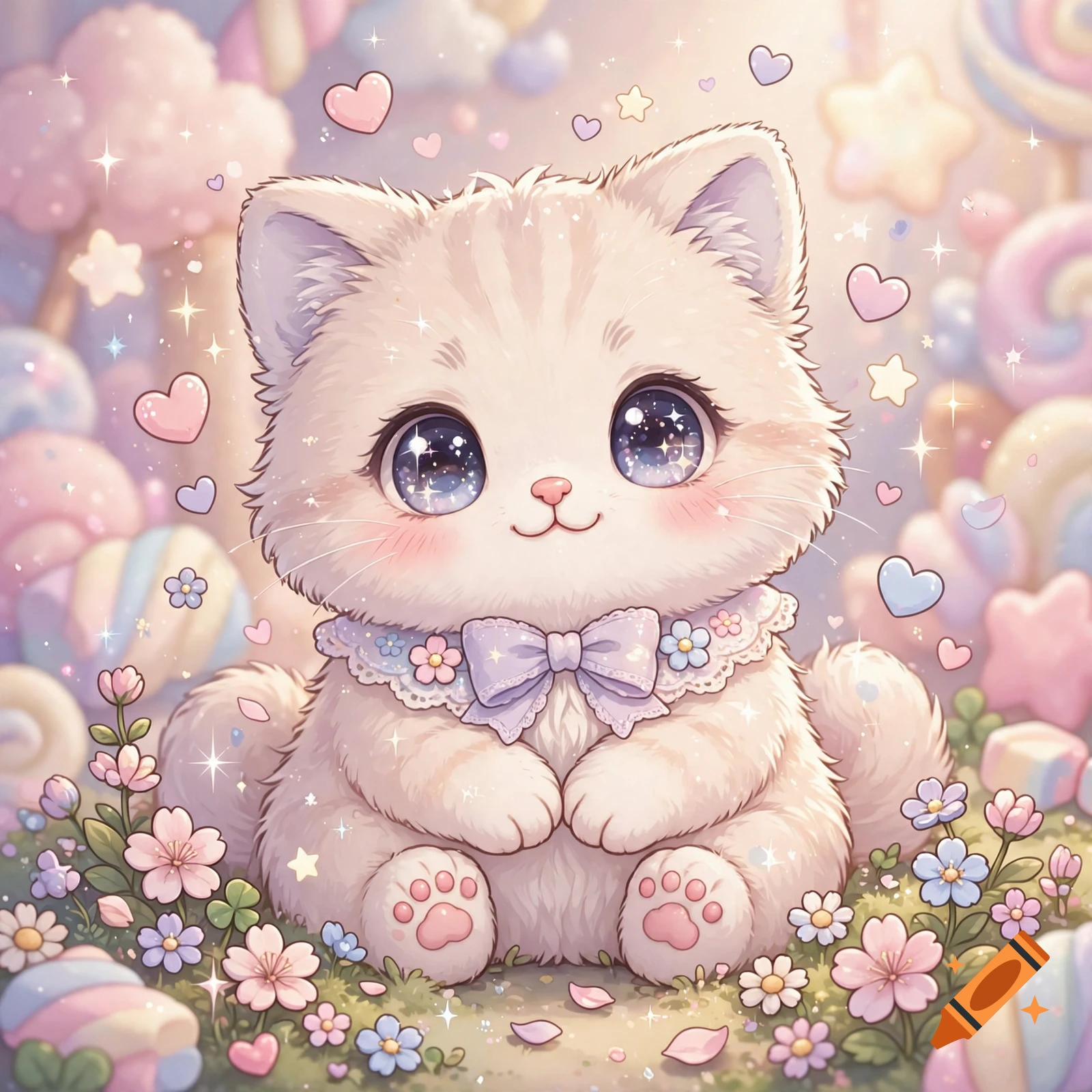A cute fluffy kitten with sparkling eyes and a bow collar surrounded by candy and flowers in a kawaii anime style.