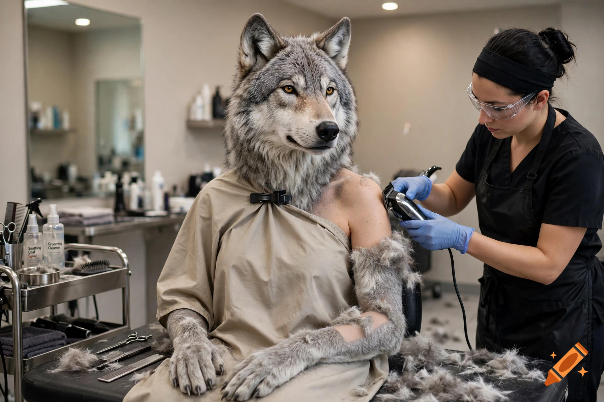 Photorealistic image of a human with a wolf head sitting in a salon chair while a stylist shaves fur off her arm.