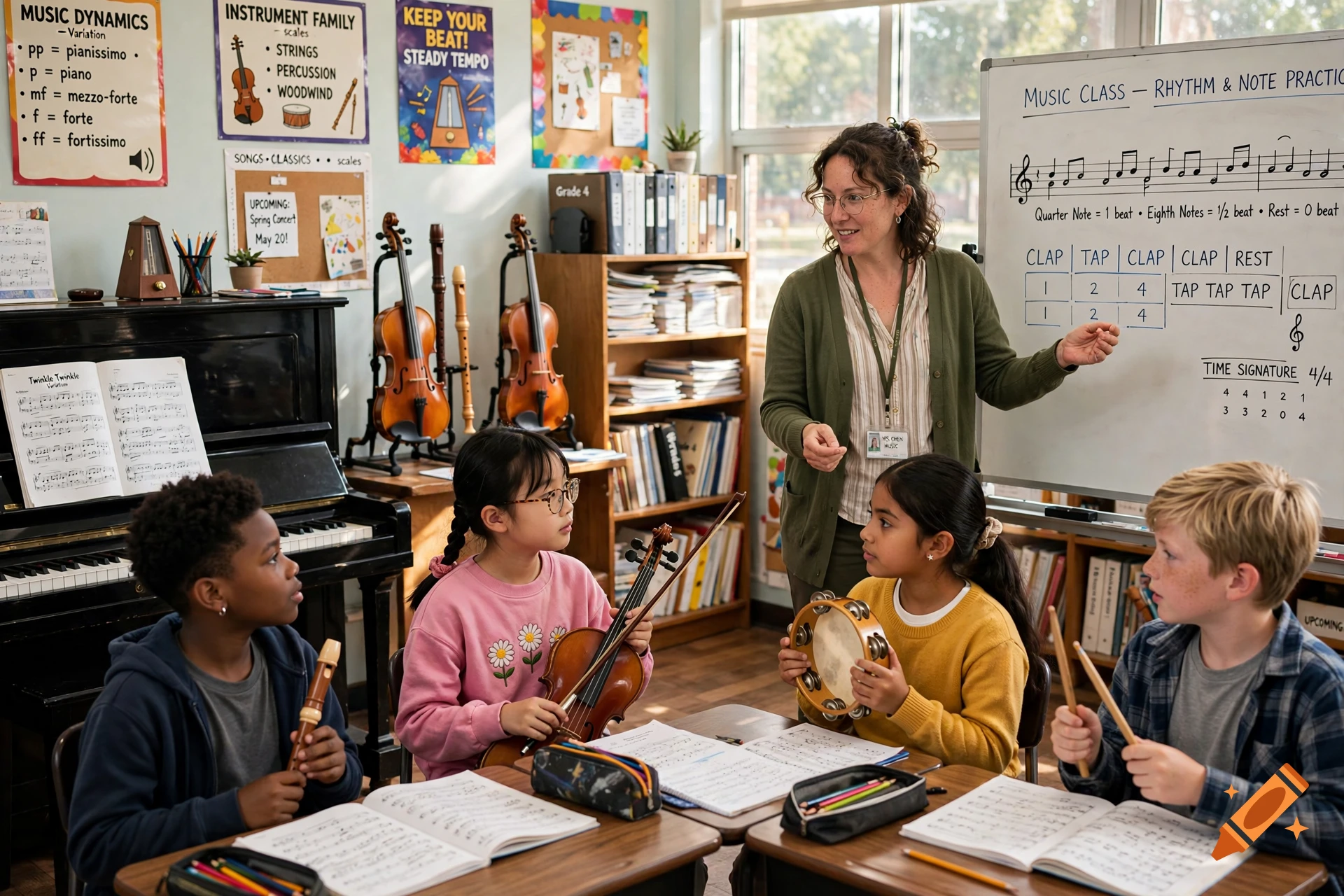 Photorealistic classroom scene where a teacher instructs four children playing various musical instruments.