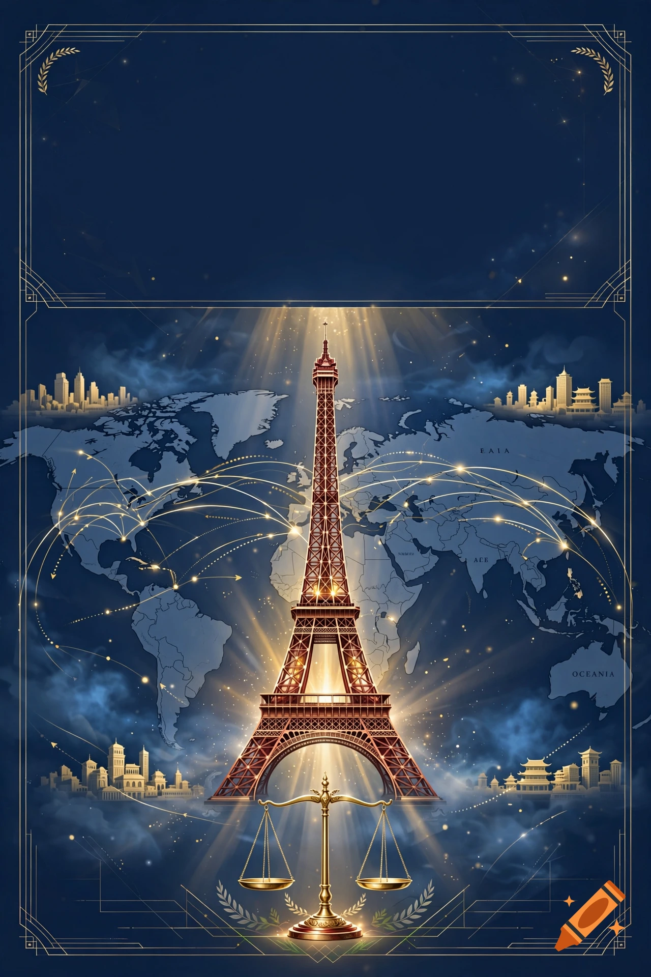 Decorative blue and gold illustration featuring the Eiffel Tower, a world map with connection lines, and a scale of justice.