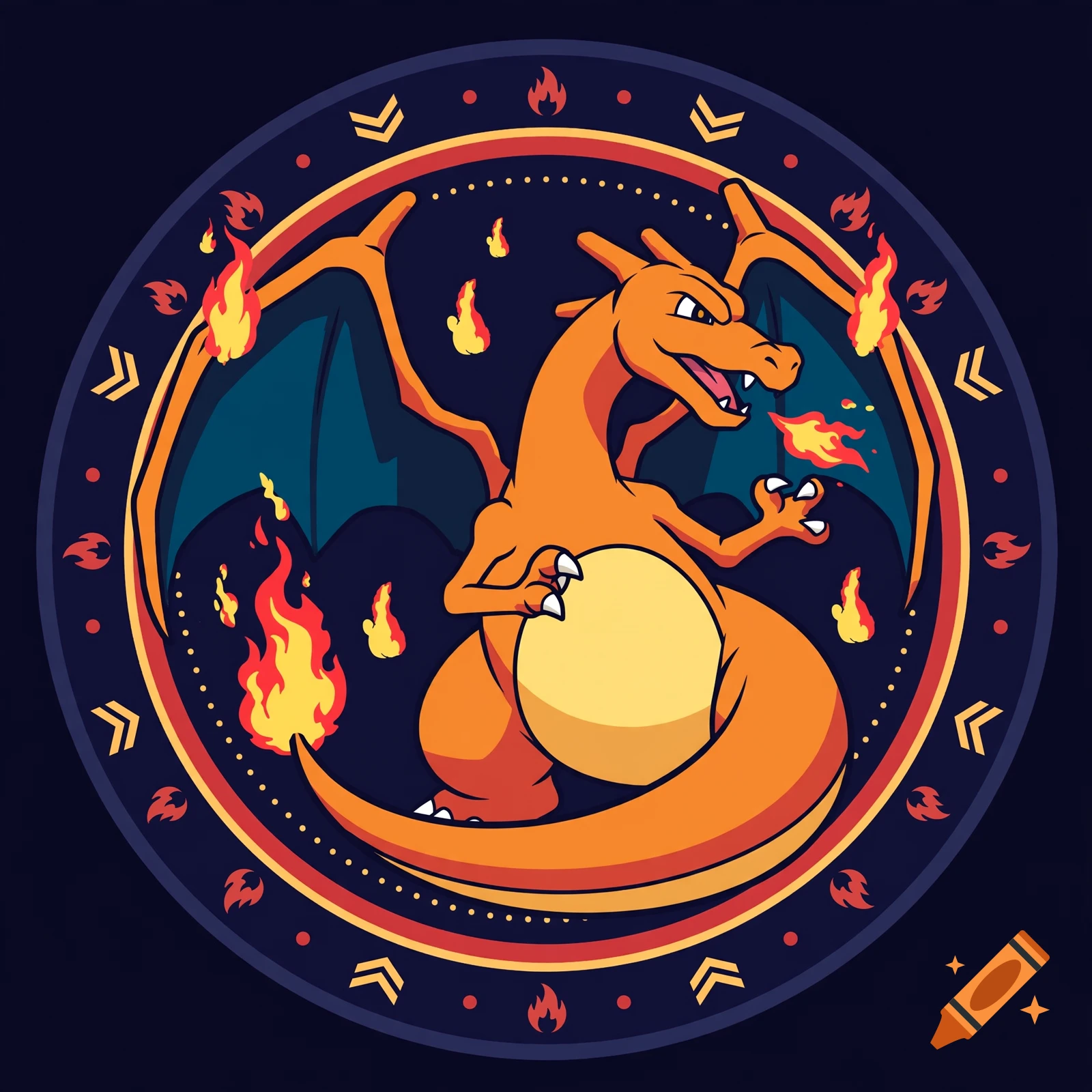 Digital badge illustration of Charizard breathing fire inside a circular decorative border with flame motifs.