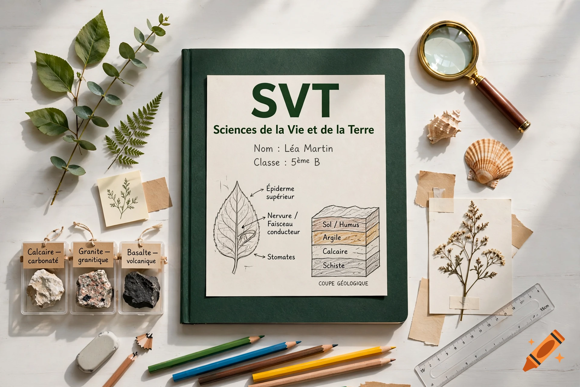 Top-down view of a French life and earth sciences school notebook labeled 'SVT' surrounded by plant leaves, rocks, and a magnifying glass on a white table.