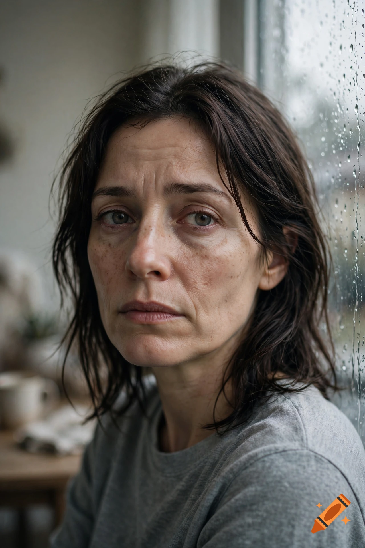 Close-up photorealistic portrait of a woman with wet hair and a sad expression standing by a rain-streaked window.