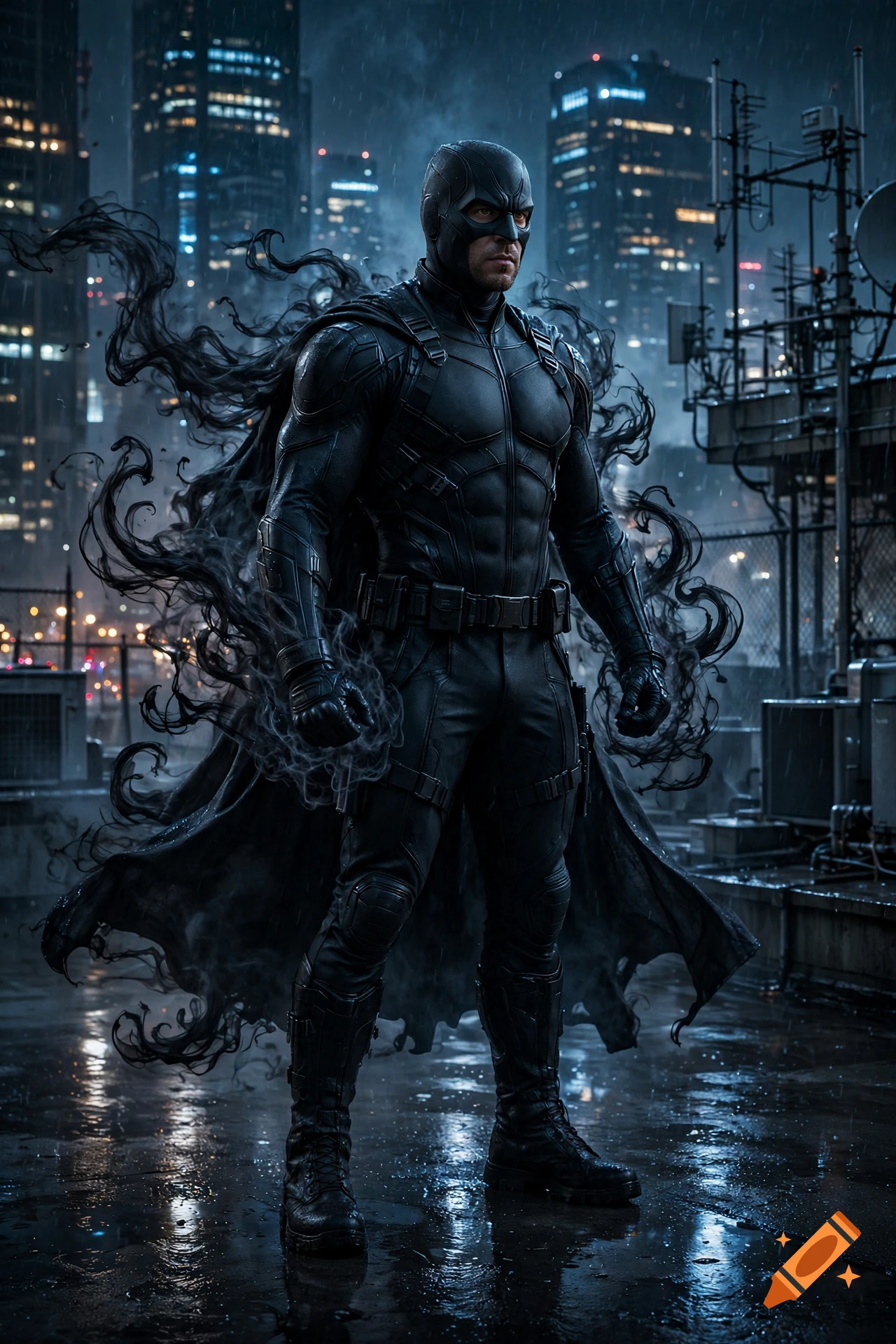 A superhero figure in a black armored suit and cape stands on a wet rooftop at night with city skyscrapers in the background.