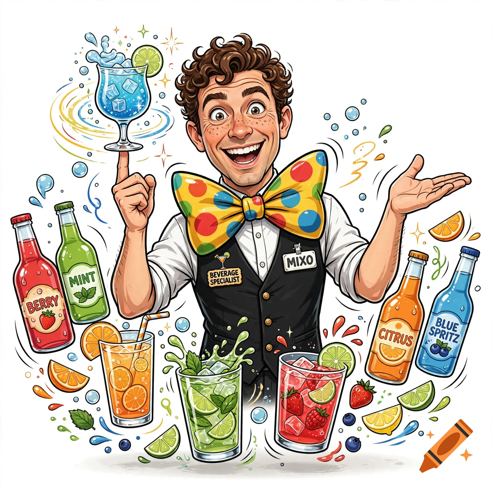 Illustration of a smiling male bartender in a bowtie surrounded by various colorful drinks, fruits, and cocktail glasses.
