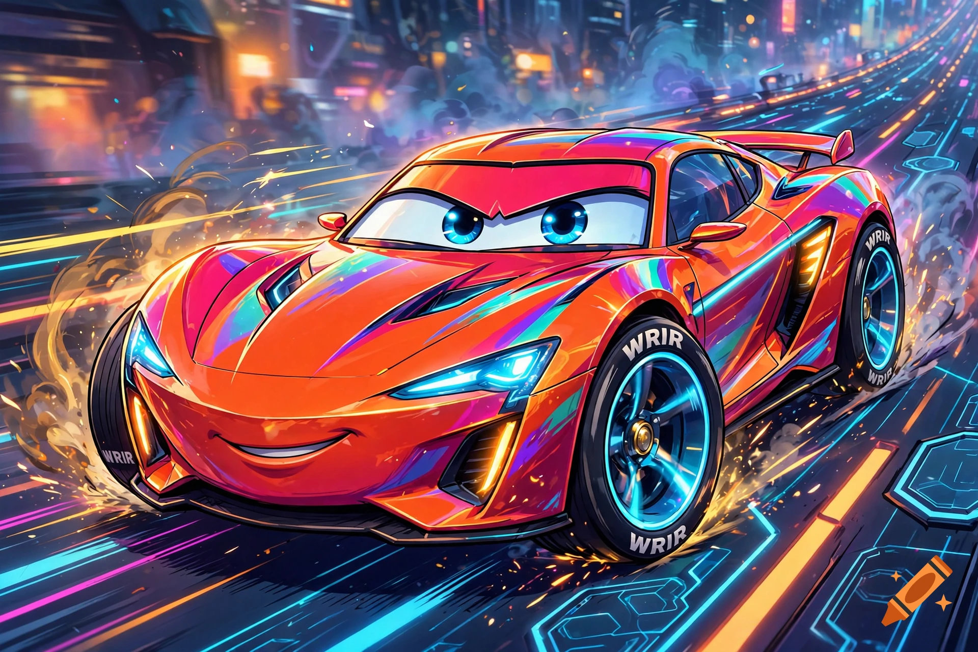 An animated red sports car with smiling eyes driving on a glowing neon racetrack.