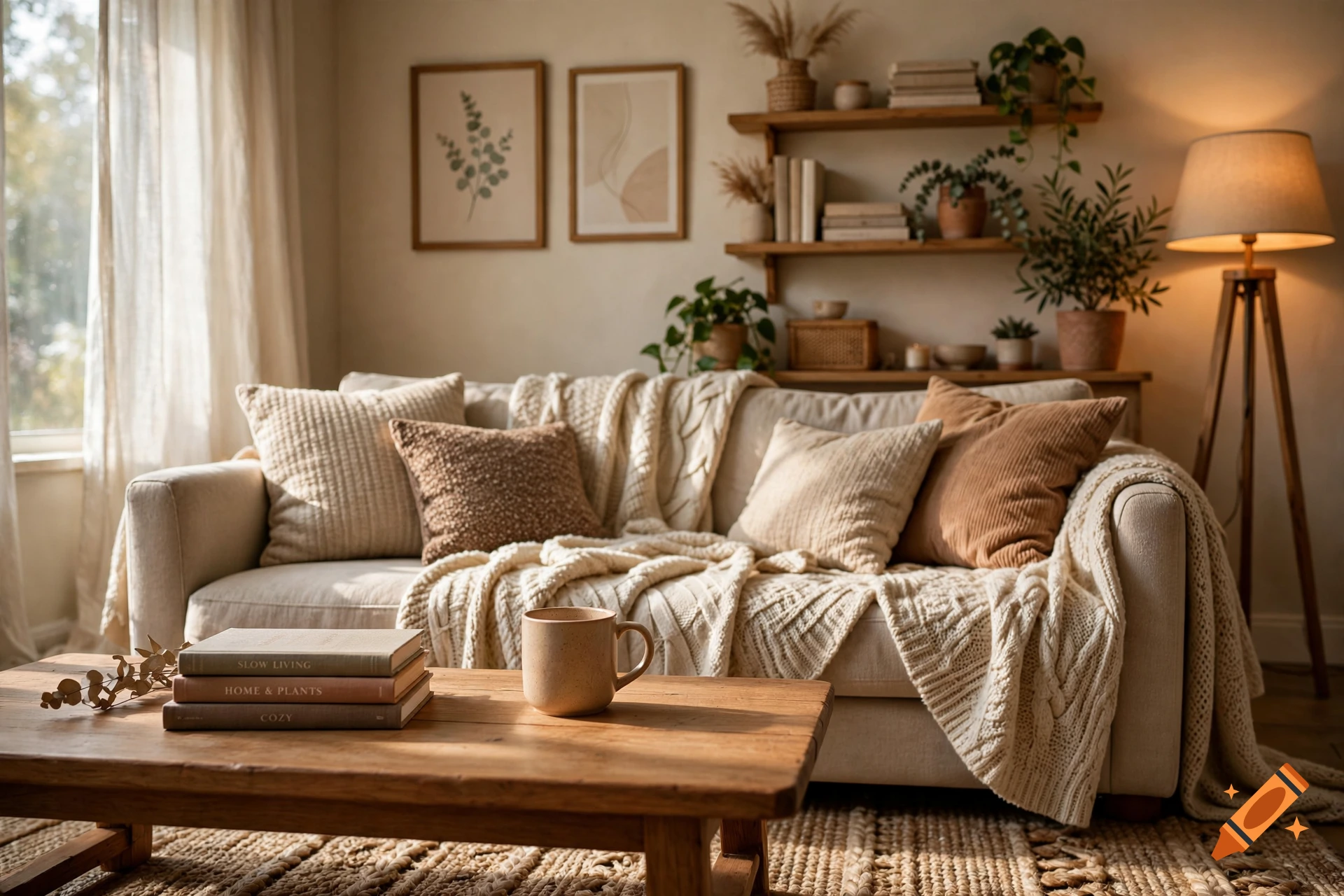 Cozy living room with beige sofa, knitted blankets, wooden coffee table with books, and warm lighting from a floor lamp.