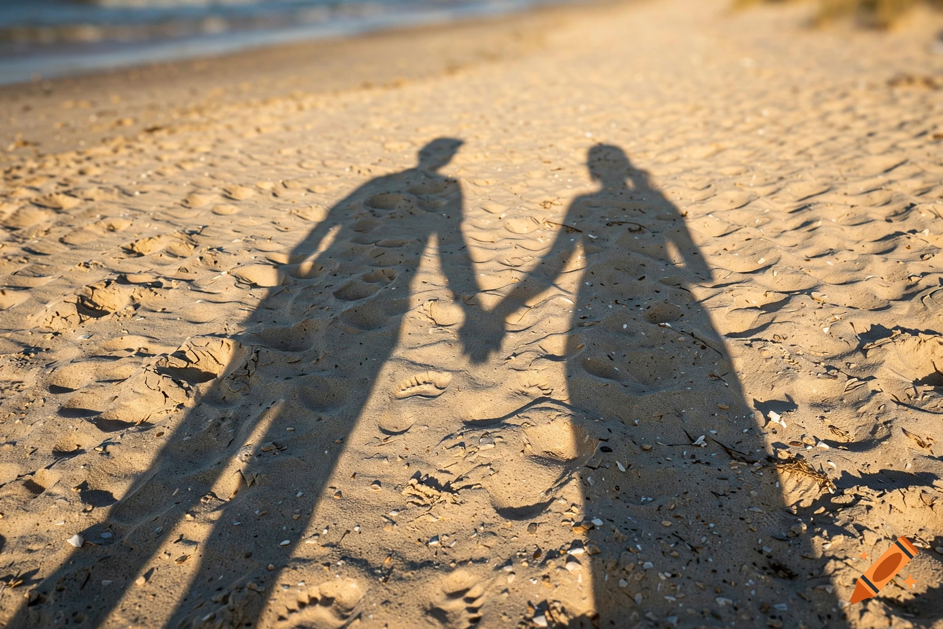 Photorealistic shadows of a couple holding hands on a sandy beach in the sunlight.