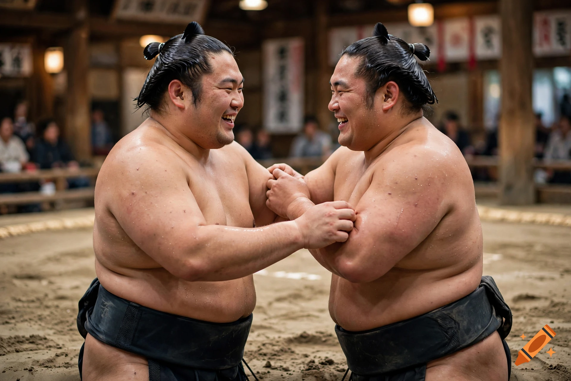 Photorealistic image of two smiling sumo wrestlers in a traditional ring, scratching each other's arms.