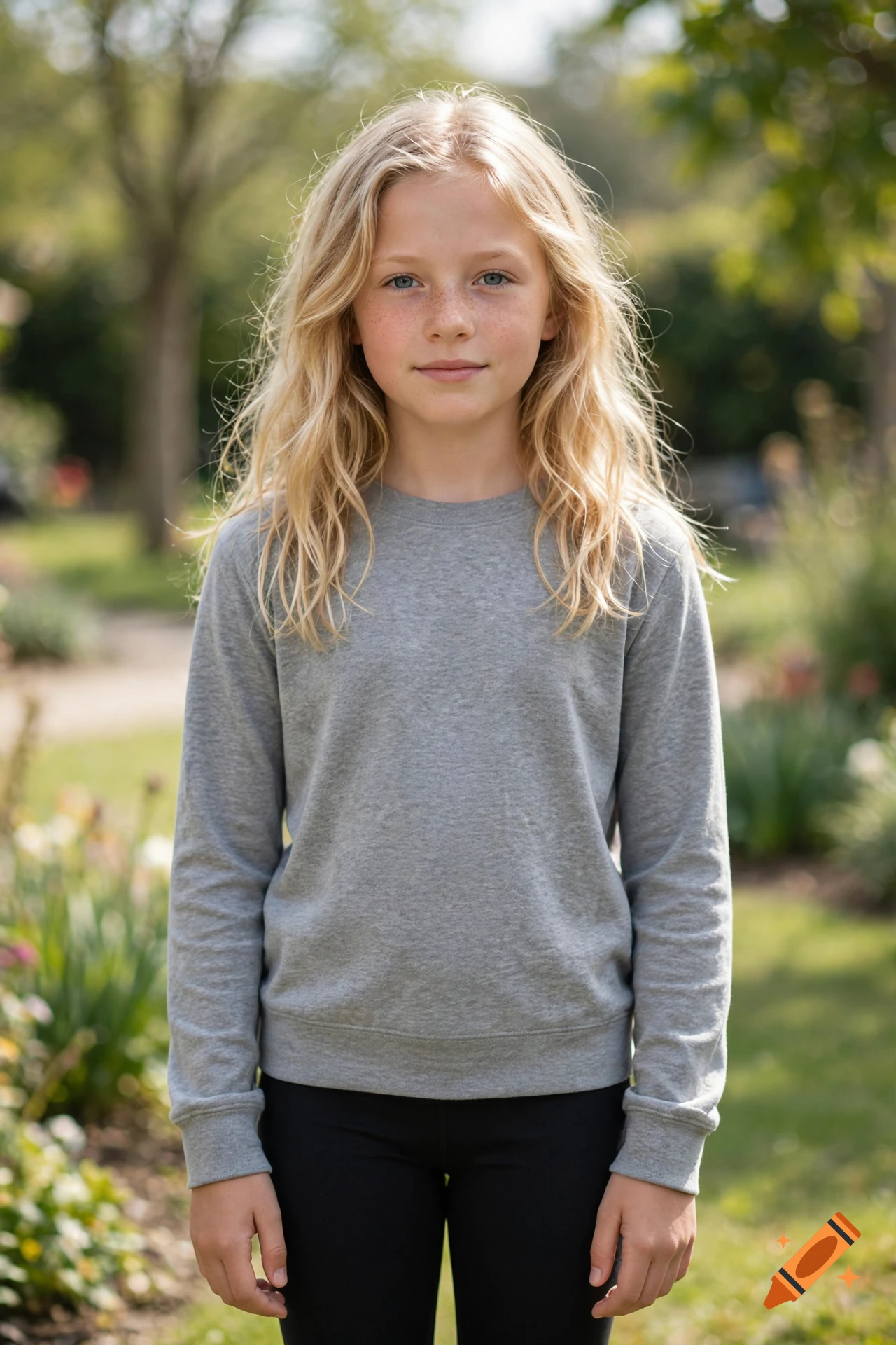 Photorealistic portrait of a young blonde girl with freckles standing outdoors in a park, wearing a grey sweater and black leggings.