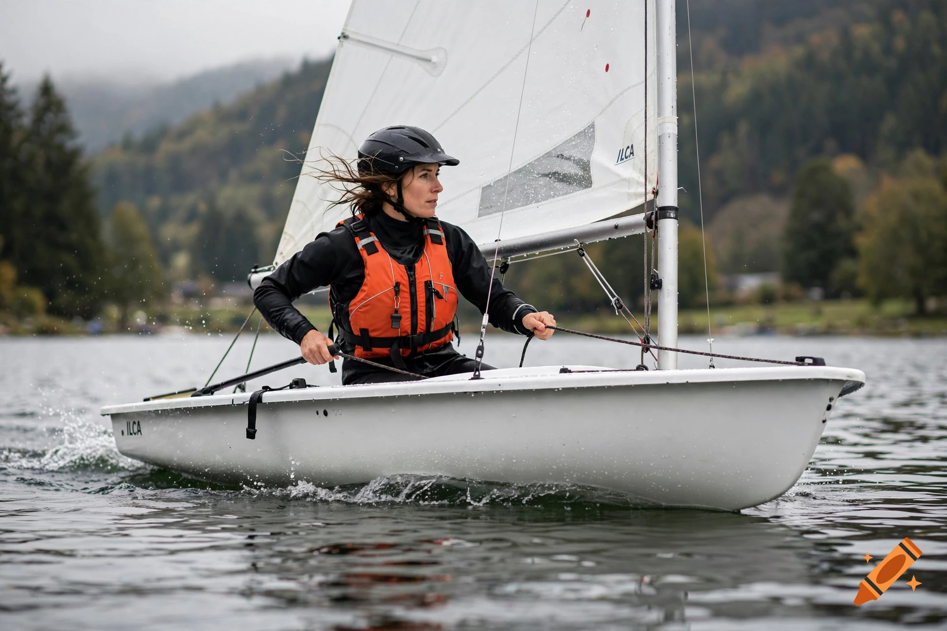 A woman in a drysuit and life jacket sailing an ILCA dinghy on a calm lake.