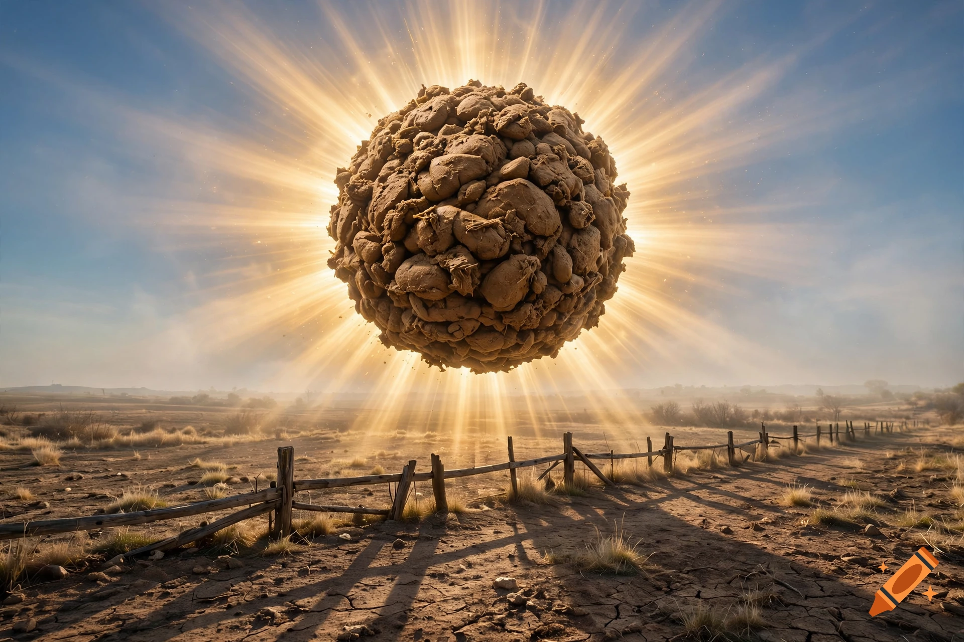 A large sphere made of clustered rocks floats above a dry, cracked landscape with a wooden fence, backlit by a bright sunburst.