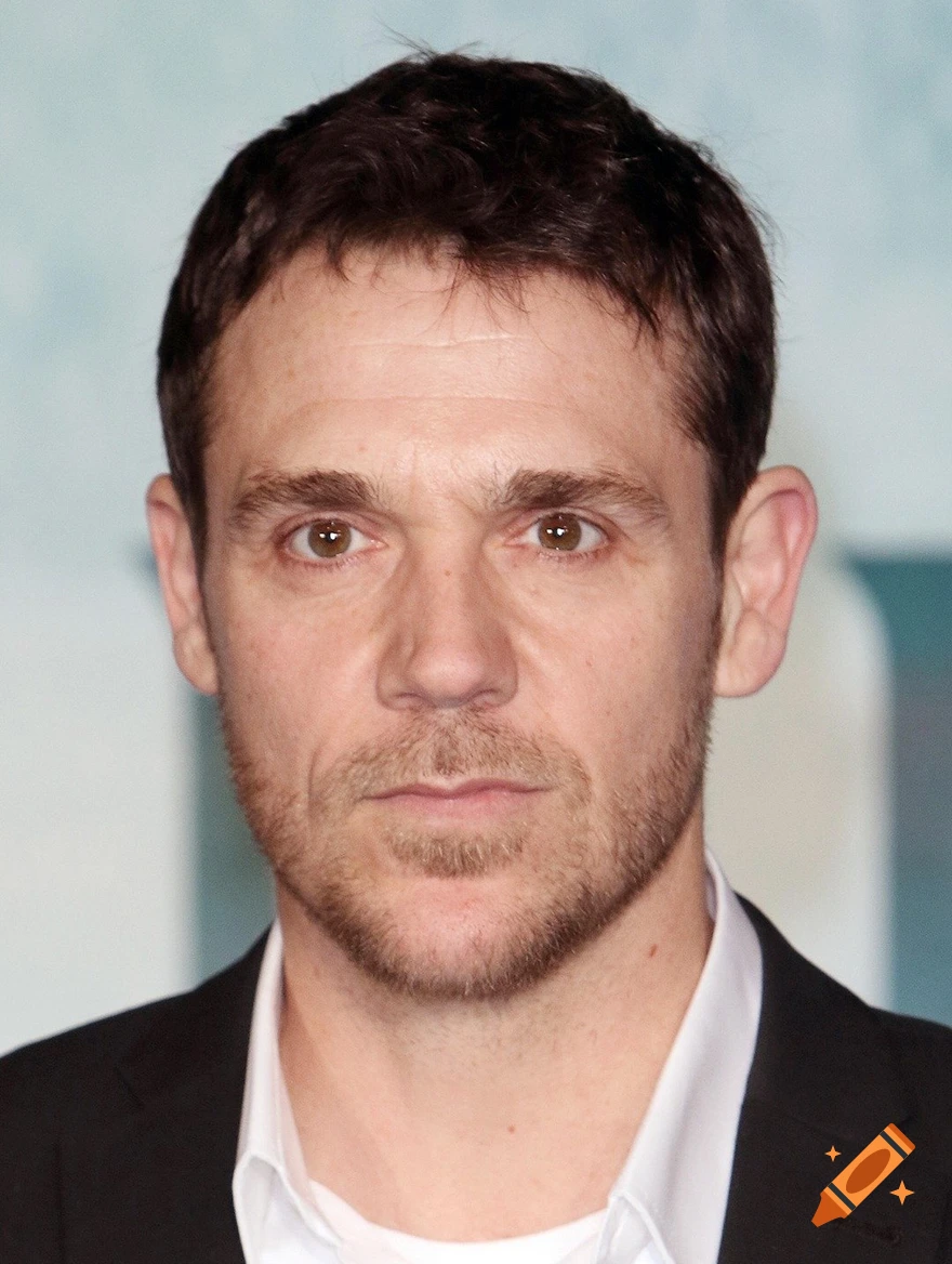 Close-up portrait of a man with short brown hair, stubble, and a white collared shirt.