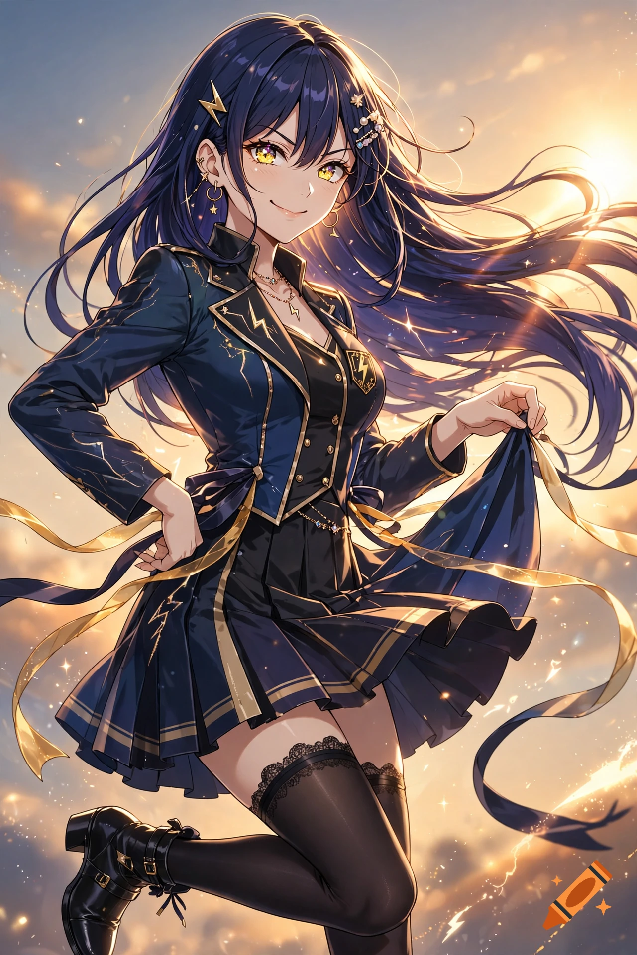 Anime girl with long dark blue hair and yellow eyes, wearing a dark blue and gold uniform, against a sunset sky.