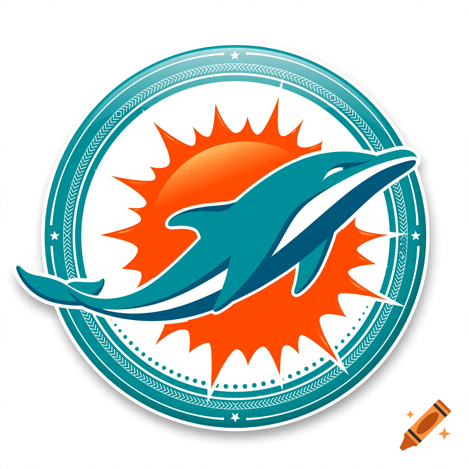 Vector logo of the Miami Dolphins featuring a teal dolphin leaping over an orange sun inside a circular badge, styled as a sticker.