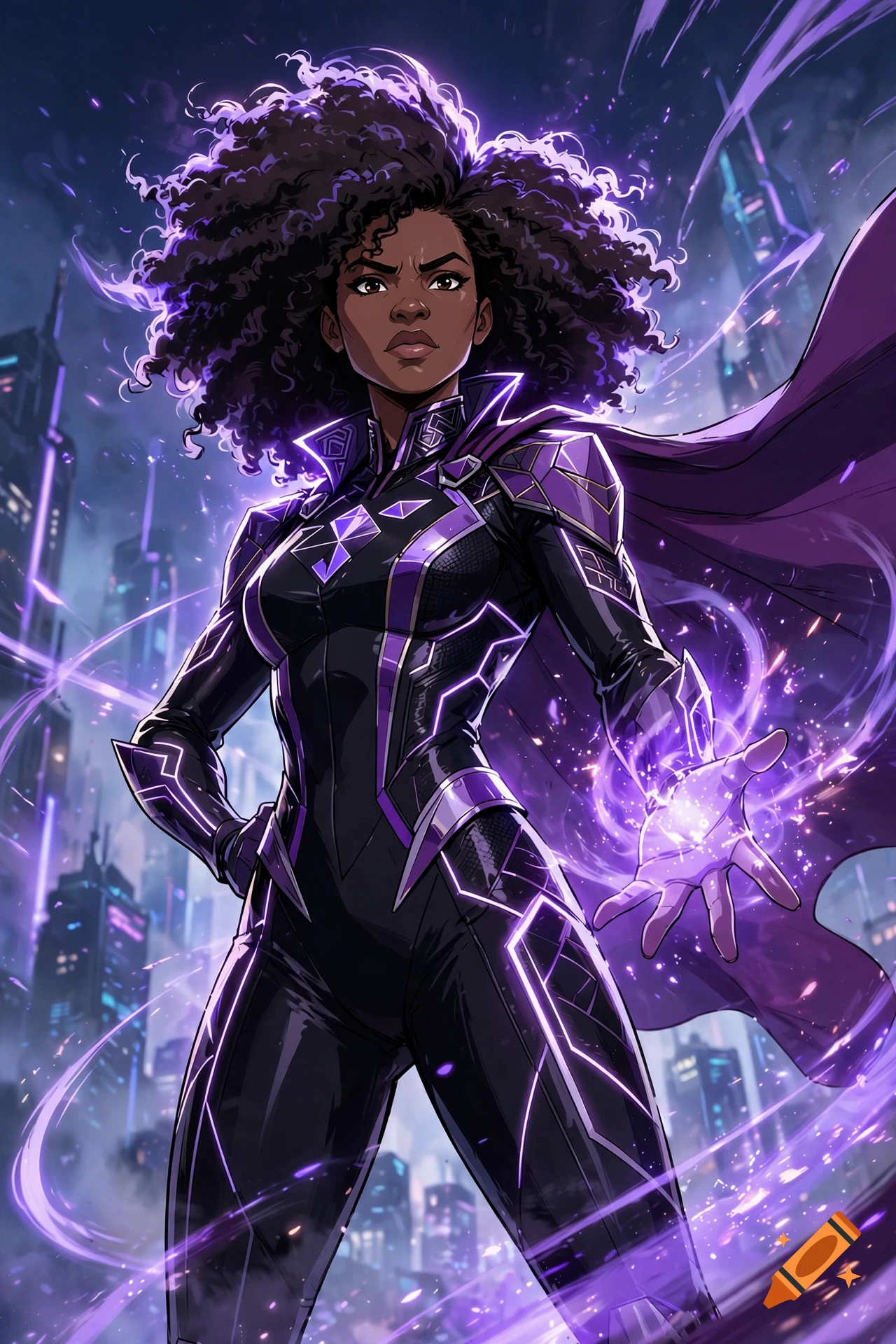 An animated Black woman superhero with a large afro and black and purple armor, standing in a futuristic city.