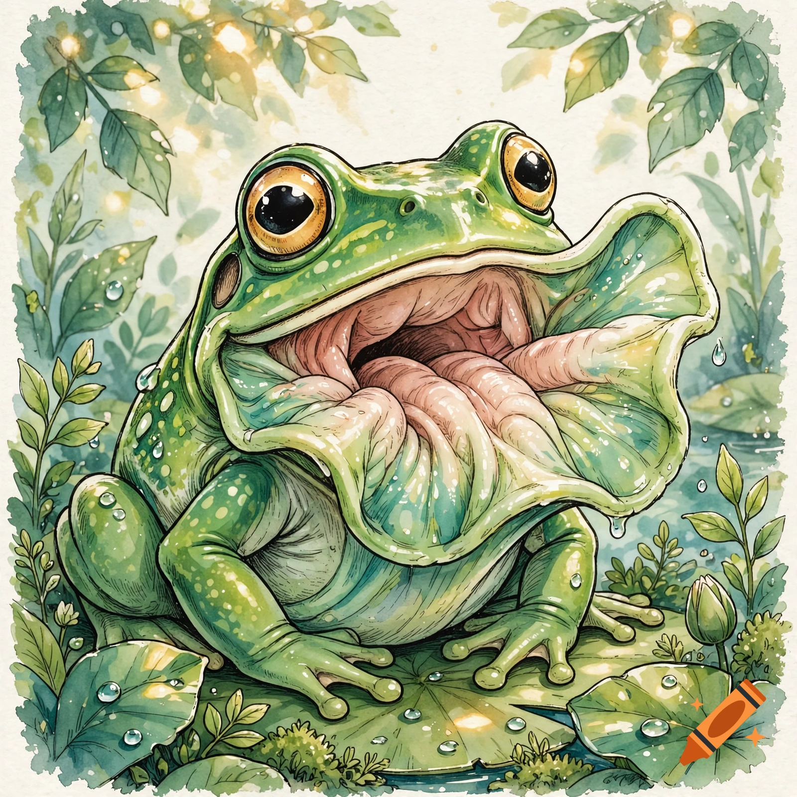 Watercolor illustration of a green frog with its mouth shaped like a trumpet funnel, sitting among lush leaves and water droplets.