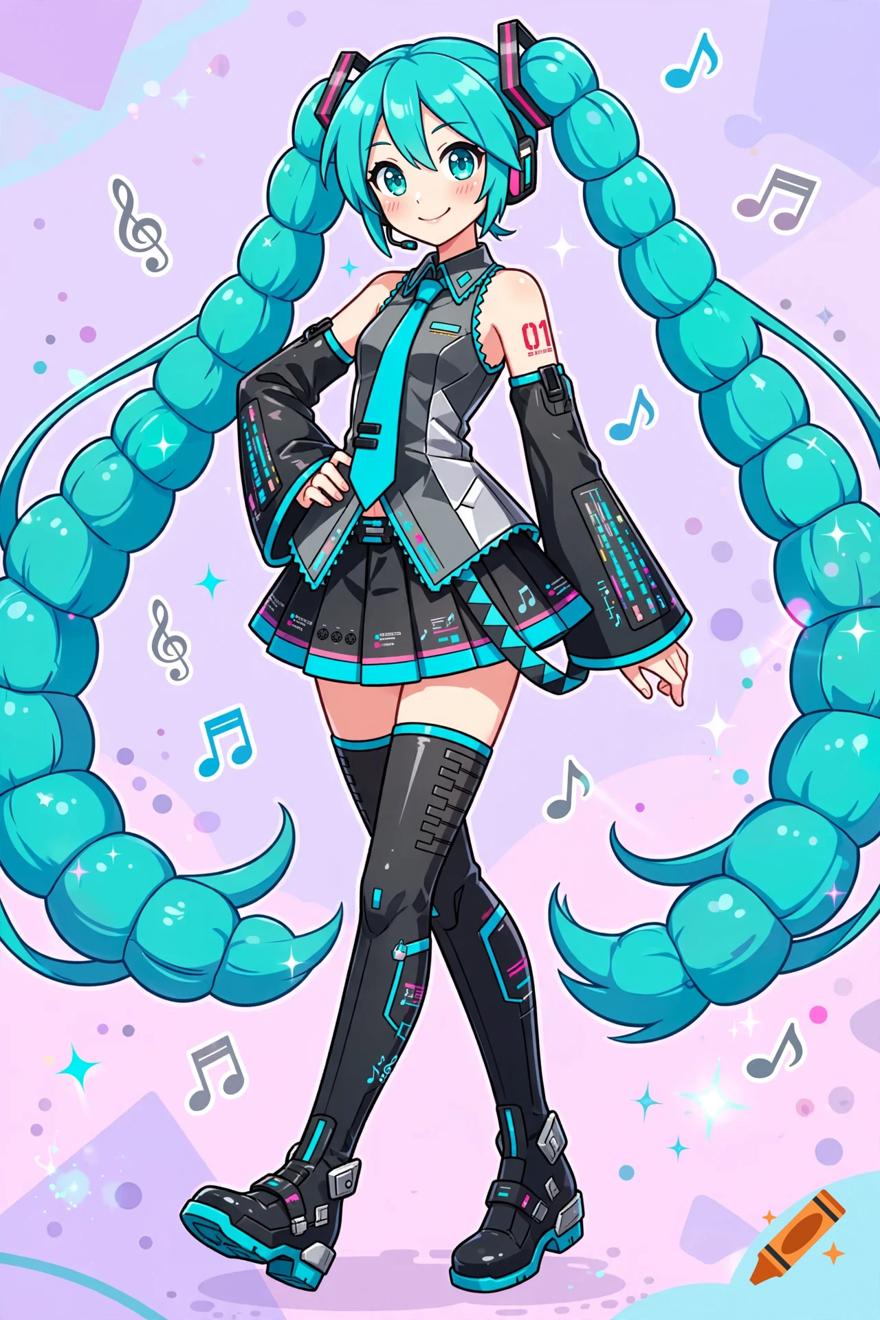 Anime illustration of Hatsune Miku with long teal twin tails, wearing a futuristic gray and black outfit, surrounded by floating musical notes.