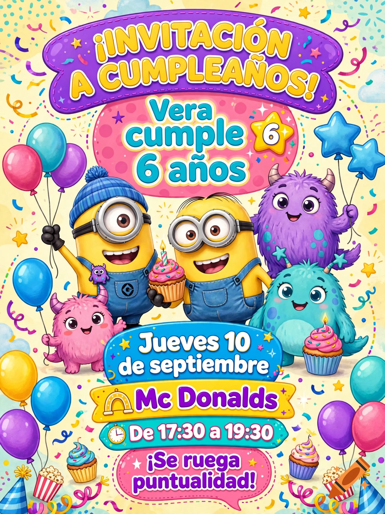 Colorful birthday invitation poster for Vera turning 6, featuring Minions and cute monsters holding cupcakes and balloons, cartoon style.