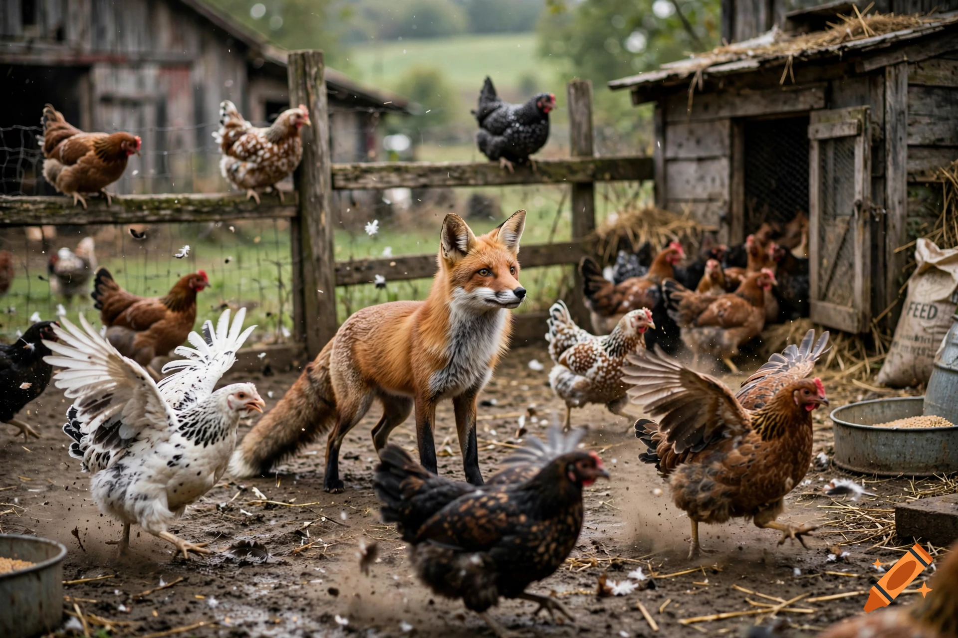 Photorealistic scene of a fox standing calmly in a muddy farmyard while chickens scatter in panic.