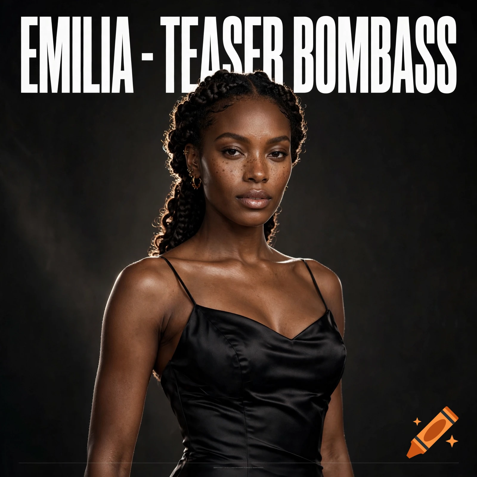 Photorealistic portrait of a Black woman with braided hair and freckles wearing a black slip dress, against a dark background, with bold white text reading EMILIA - TEASER BOMBASS at the top.