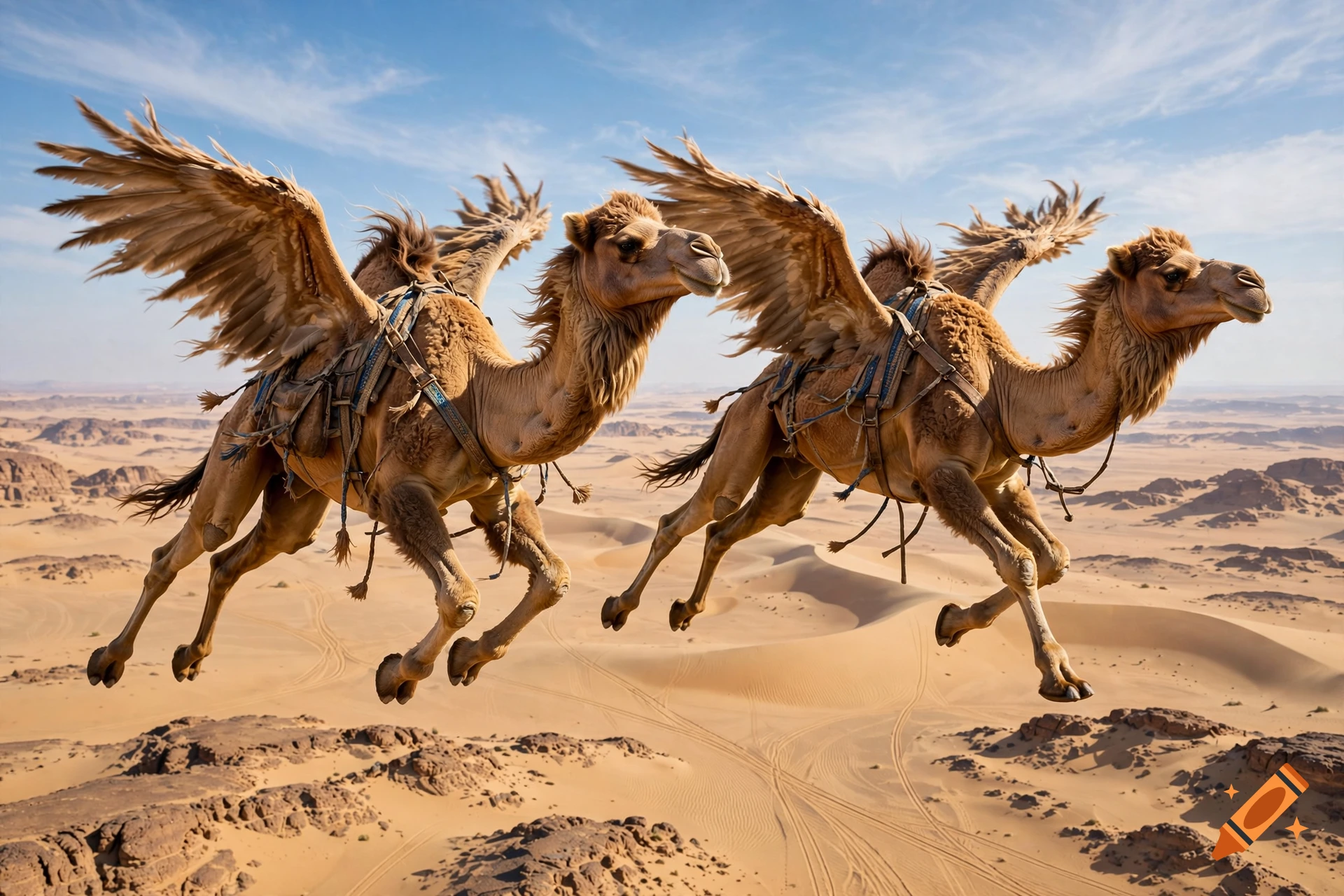 Two winged camels with saddles flying over a desert landscape with dunes under a blue sky, photorealistic style.